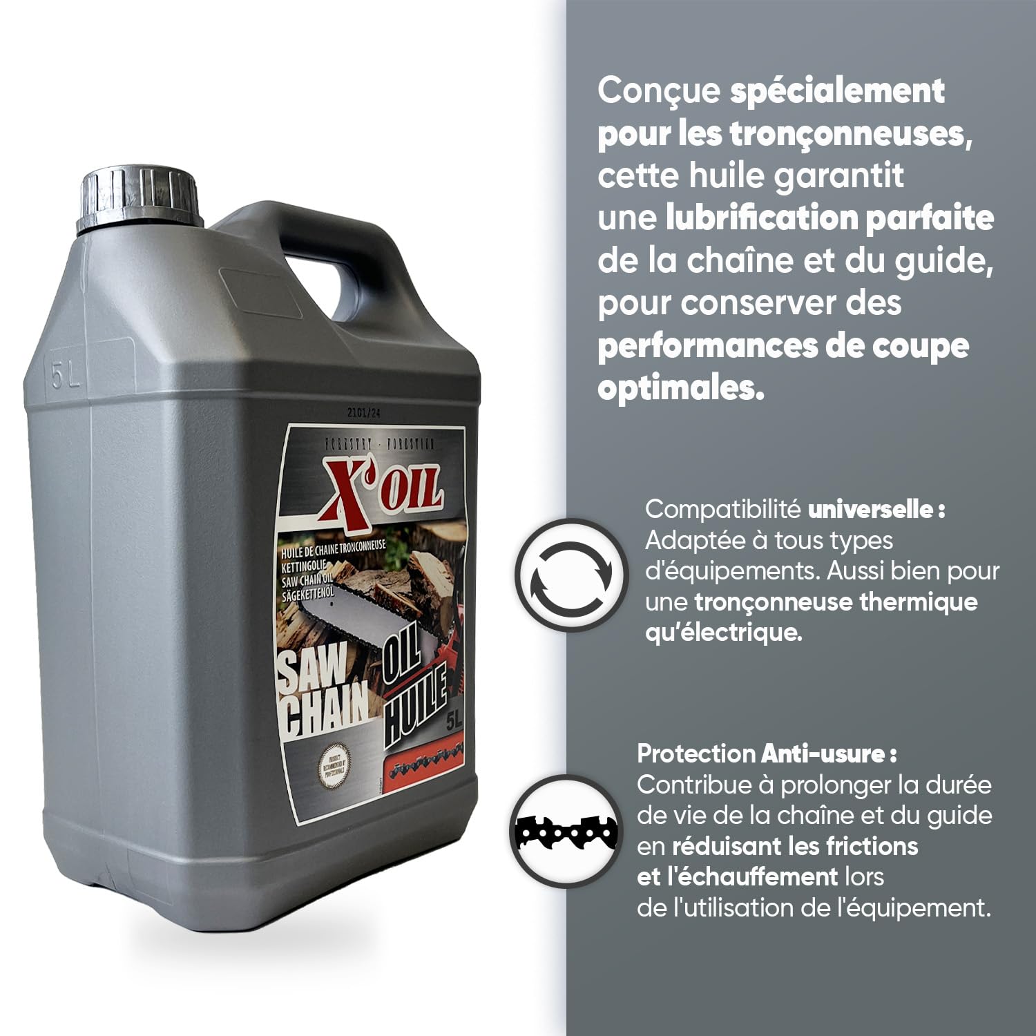 X'OIL - Huile Chaîne Tronçonneuse - Pour Chaînes et Guides - Haute Performance - Anti-Usure - Super Filante - Indice Viscosité 97 - Viscosité Cinématique de 100mm²/s à 40°C - Bidon de 5 L