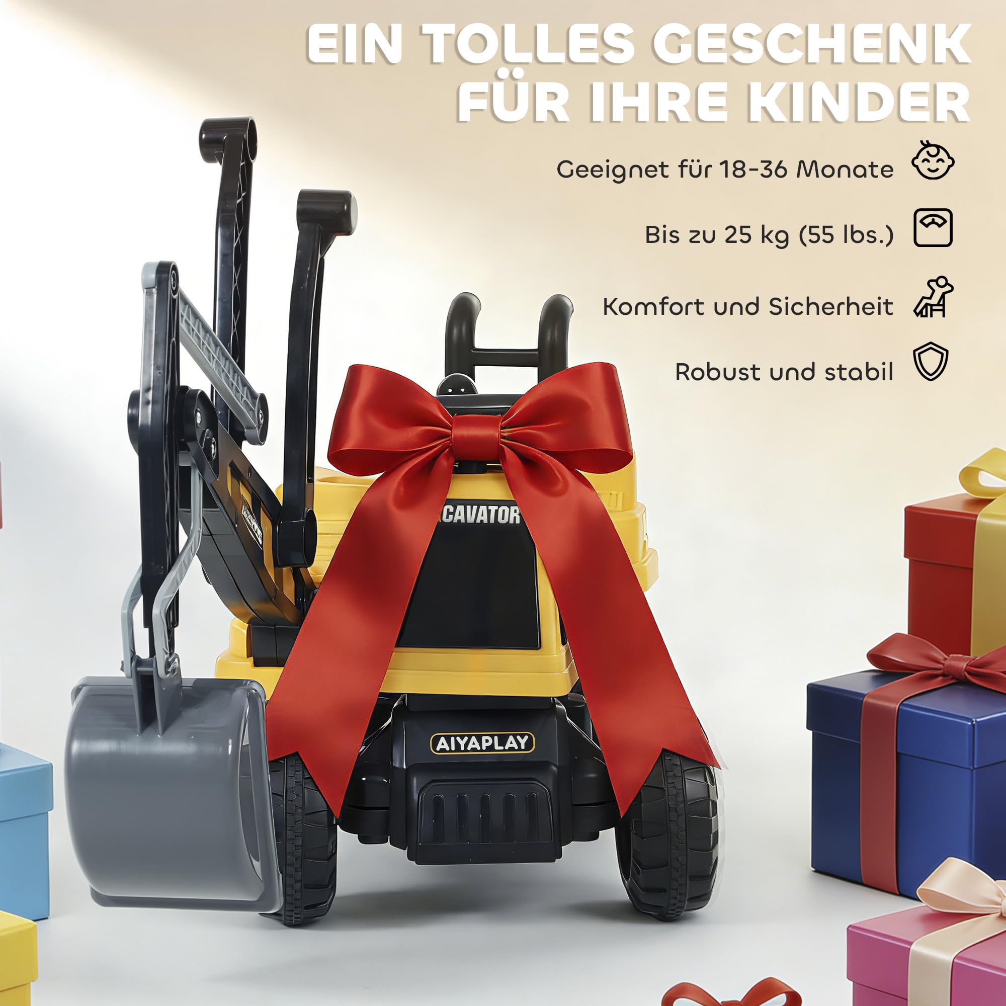 AIYAPLAY Escavatrice con paletta, per bambini, con struttura girevole, schienale regolabile, escavatore giocattolo per sedersi fino a 25 kg, per bambini da 1,5 a 3 anni, colore giallo