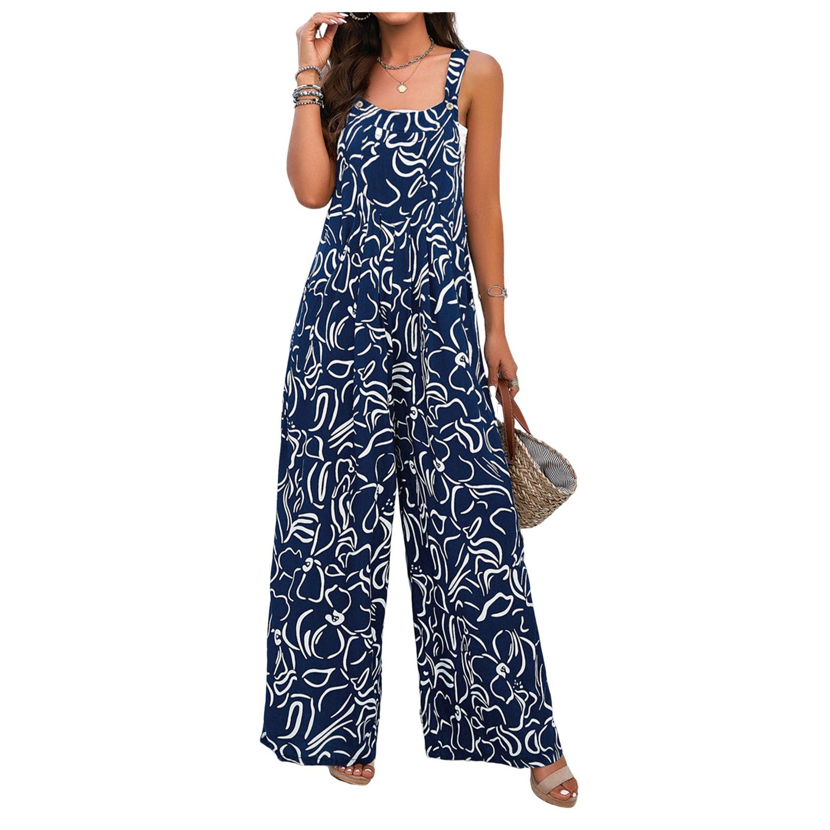 Macacões Femininos Com Estampa Elegante, Gola Quadrada, Sem Mangas, Macacões Longos E Folgados