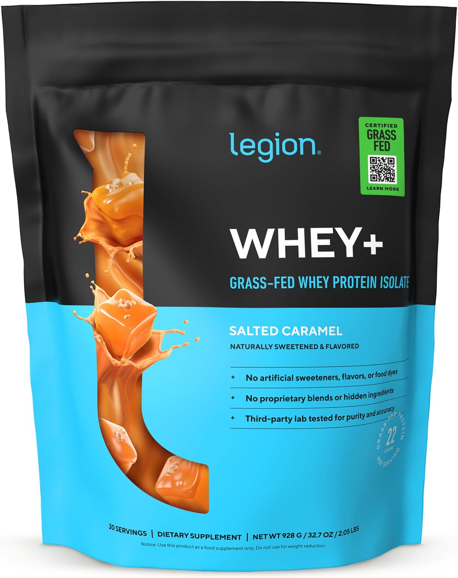 Whey+ Protein Whey Isolate from Grass Fed Cows (Salted Caramel, 30 Servings) - Whey Protein Isolate Powder, Low Calorie, Non-GMO, Sugar Free, Lactose and Gluten Free, All Natural Protein Powder
