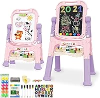 Mojitodon Pink Kids Art Easel: Adjustable 360° Rotatable Double-Sided Standing Easel with Magnetic Letters & Accessories