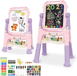 Mojitodon Pink Kids Art Easel: Adjustable 360° Rotatable Double-Sided Standing Easel with Magnetic Letters & Accessories