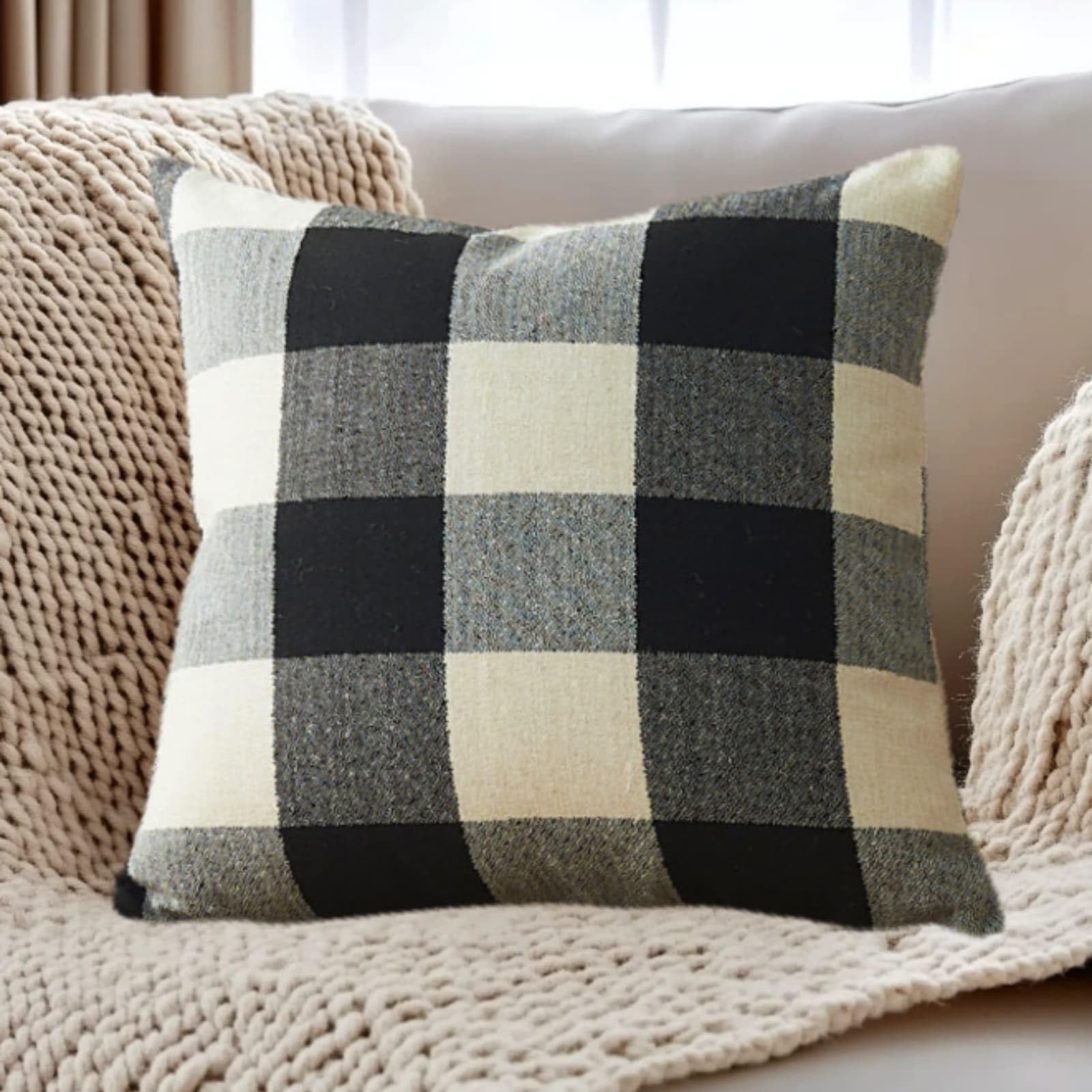 Cushion Covers 40cm x 40cm Black Grid Sofa Cushion Cover Linen with Invisible Zippers,Throw Pillow Covers for Bedroom Home Decor