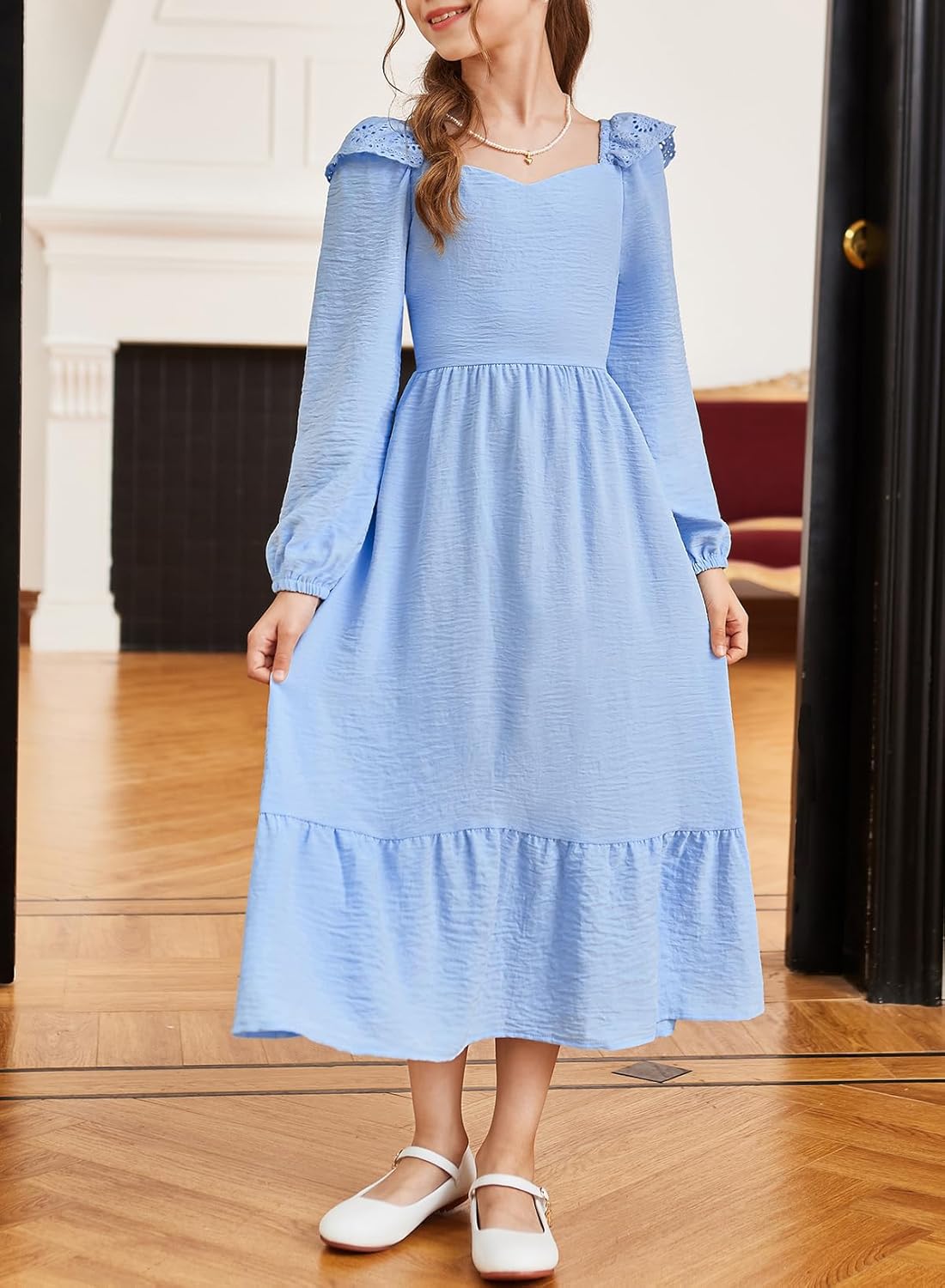 blibean Tween Girls Tie Back Dresses Embroidery Sleeve Size 6-15 Years - Image 5