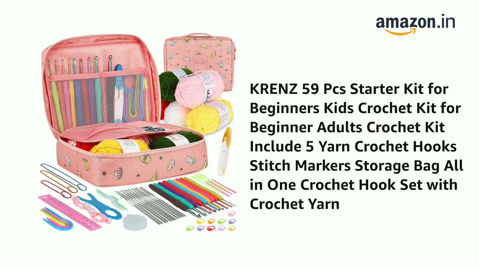KRENZ 59 Piece Crochet Kit for Beginners with 5 Yarn & Crochet