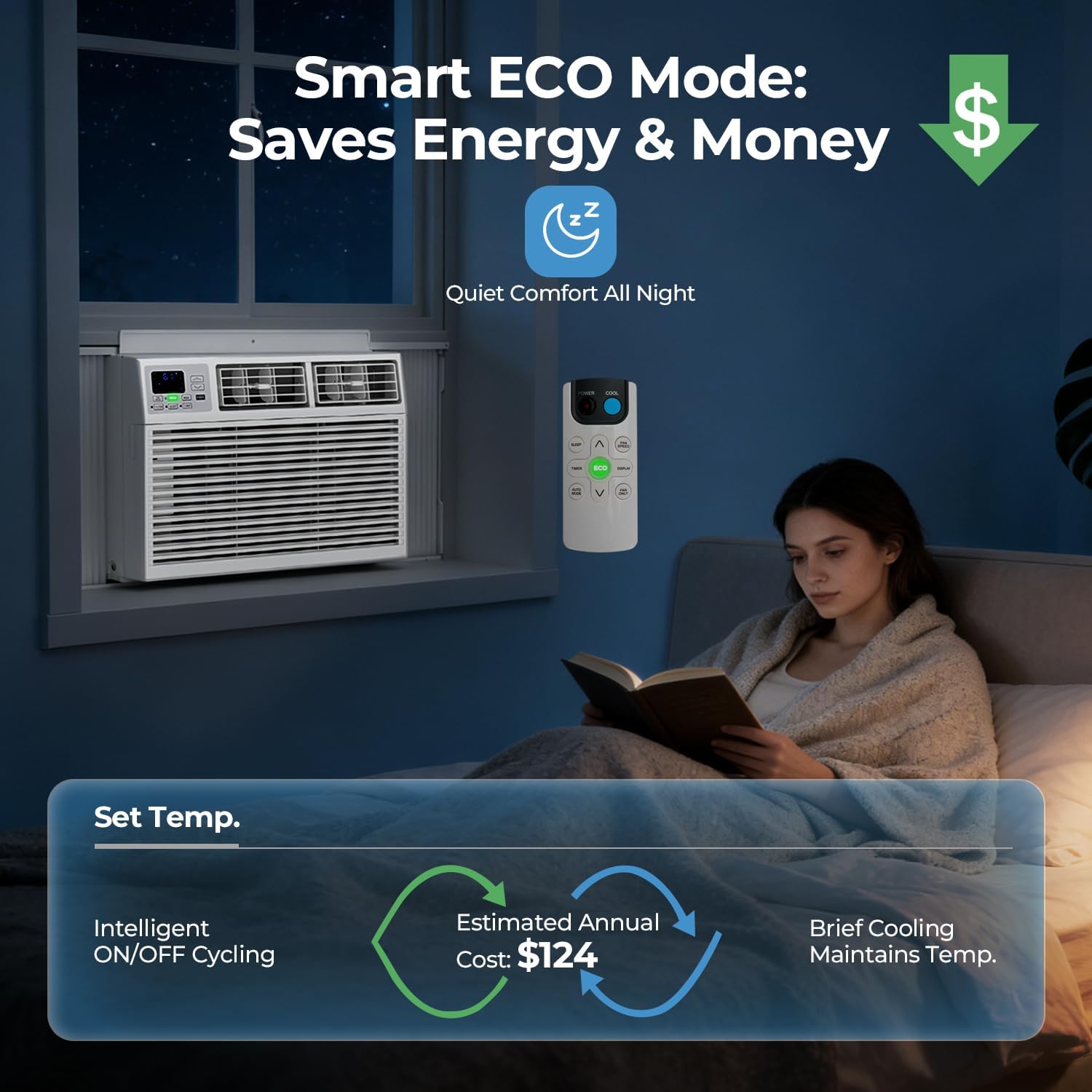 ZAFRO AC unit in ECO mode, showing energy savings and quiet operation at night.