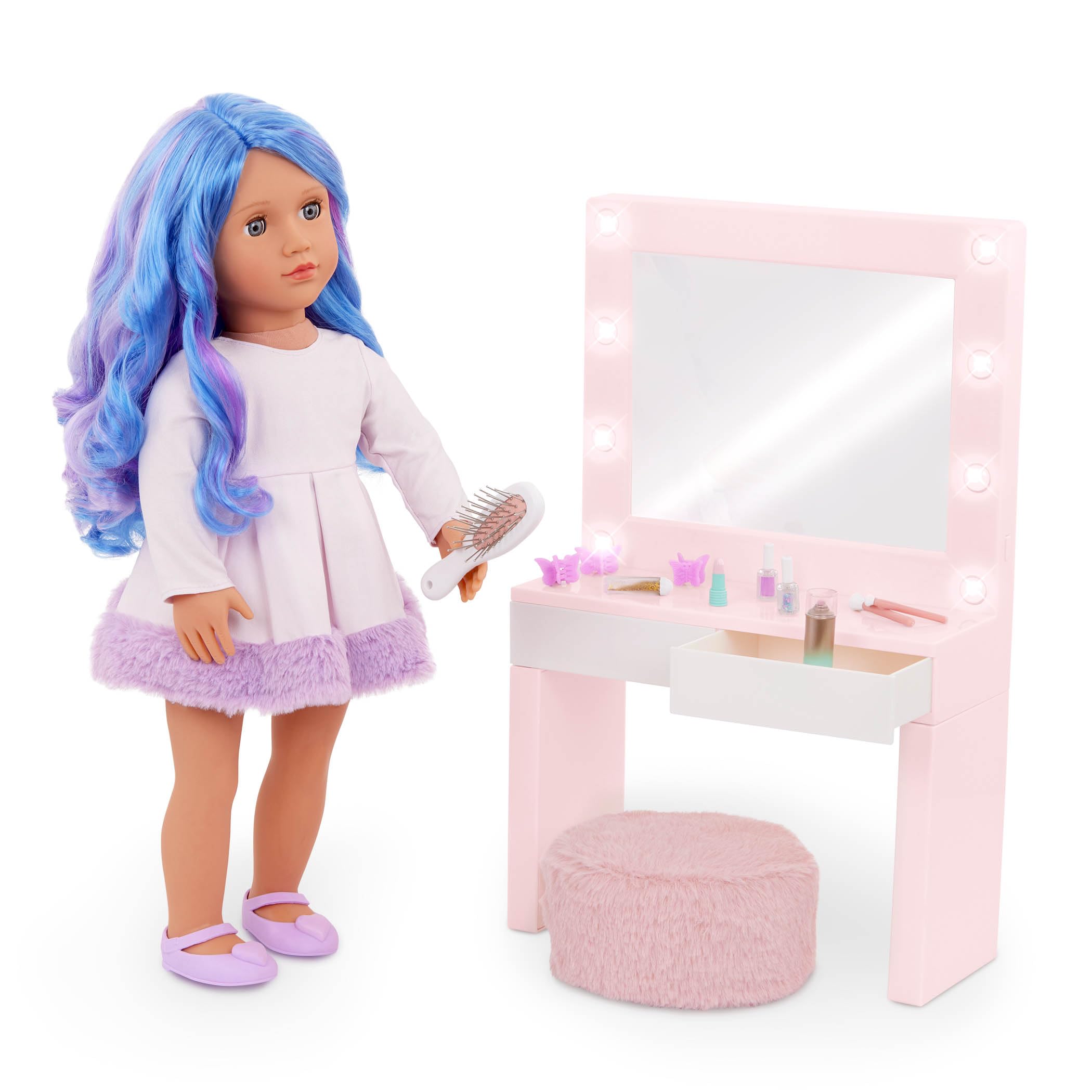 Our Generation Glam & Glow Vanità Playset - Tavolo Rosa con Specchio Luminoso - Giocattolo Trucco Bambini 3+