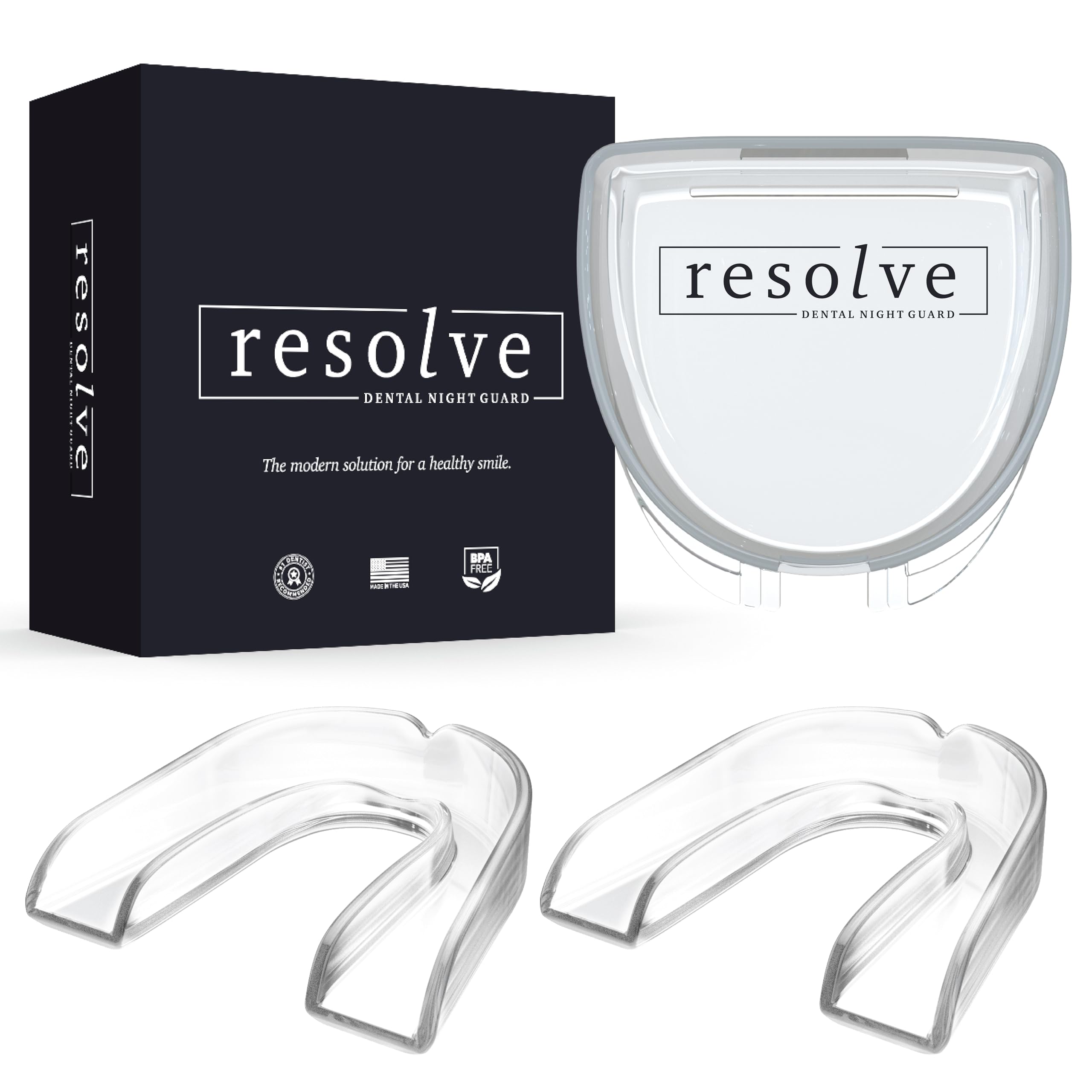 Resolve Night Guard - Custom-Fit Professional Mouth Guard for Nighttime Teeth Grinding and Clenching, Relieve Tooth Pain at Night with 2-Pack Night Guard (Clear)
