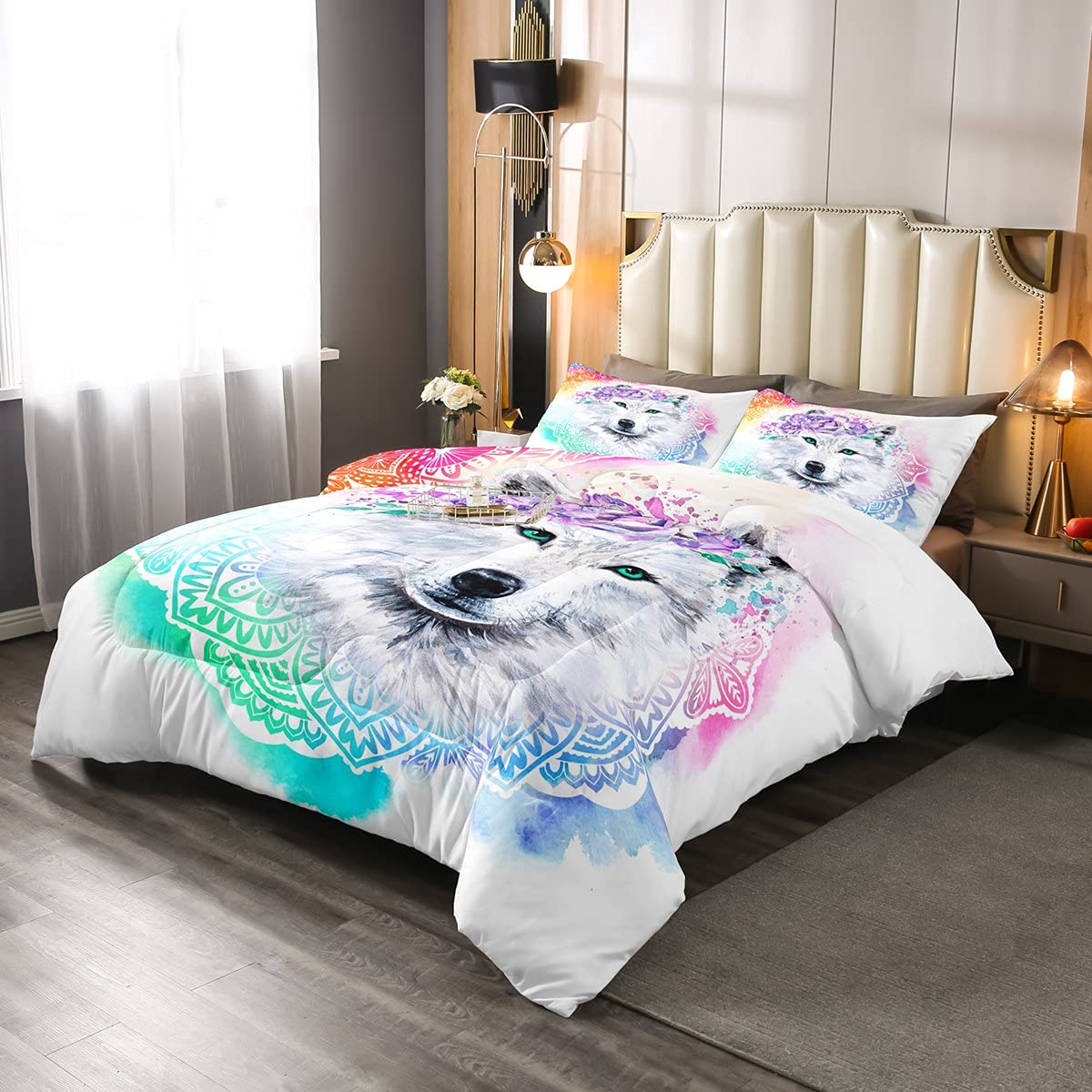 Wolf Bedding Sets Lotus Tie Dye Comforter Set Safari Animal Comforter for Kids Boys Girls Green Eyes Mandala Flower Exotic Marble Down Comforter with 1 Comforter and 1 Pillow Case Twin Purple Pink