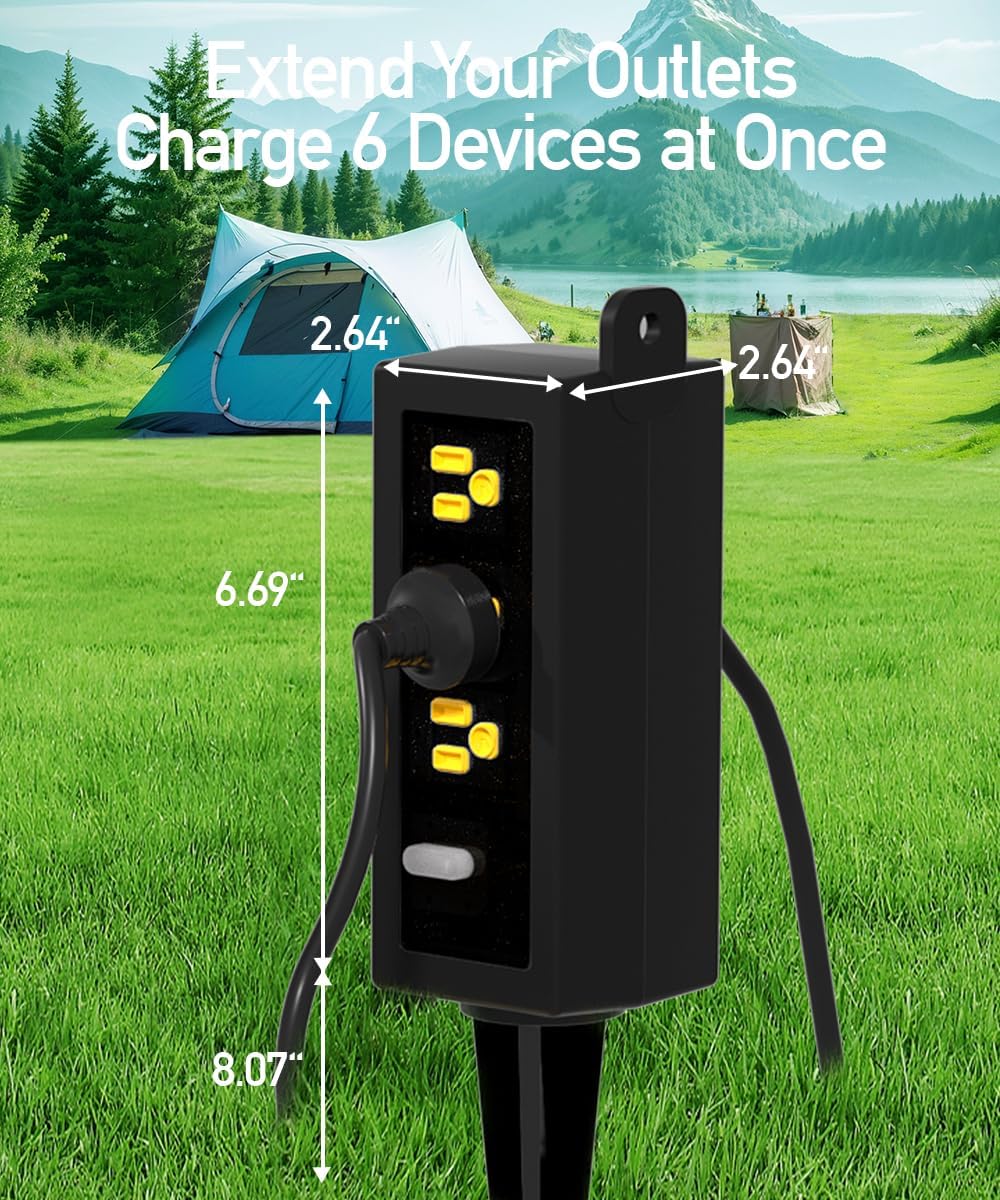 Outdoor Power Strip Weatherproof, ZZJ IP69 Grade Waterproof Surge Protector, 25 FT Outdoor Extension Cord with Stake, 6 AC Outlets,14 AWG Heavy Duty Cord for Outdoor Patio Garden-Black