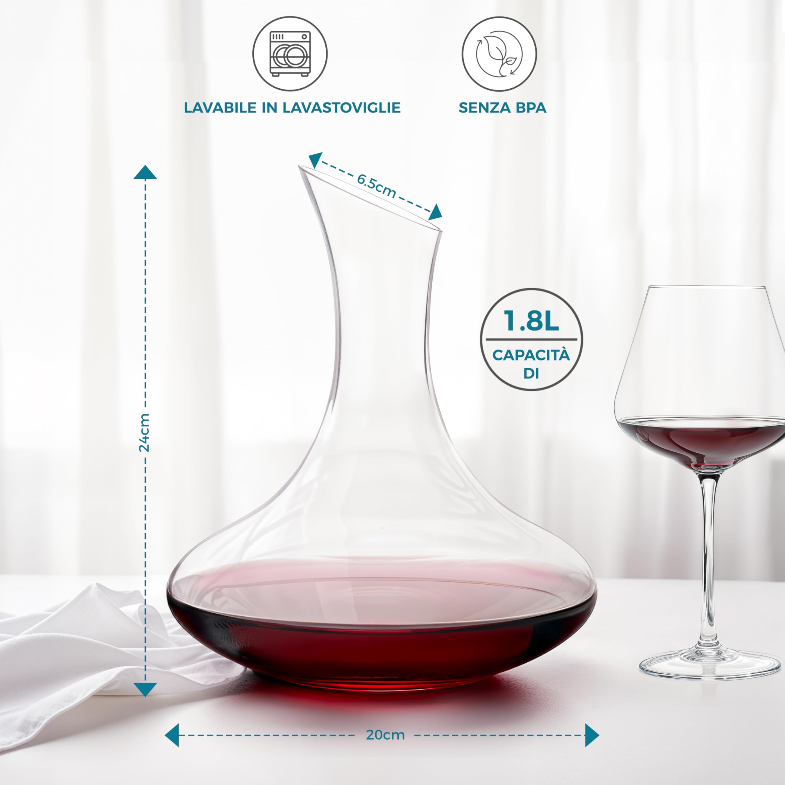 Winter Shore Elegante Decanter per Vino da 1,8 l - Caraffa Vetro Trasparente con Beccuccio Inclinato e Base Larga - Regali per Amanti del Vino - Brocca Zero BPA per Decantare, Aerare Liquori Pregiati
