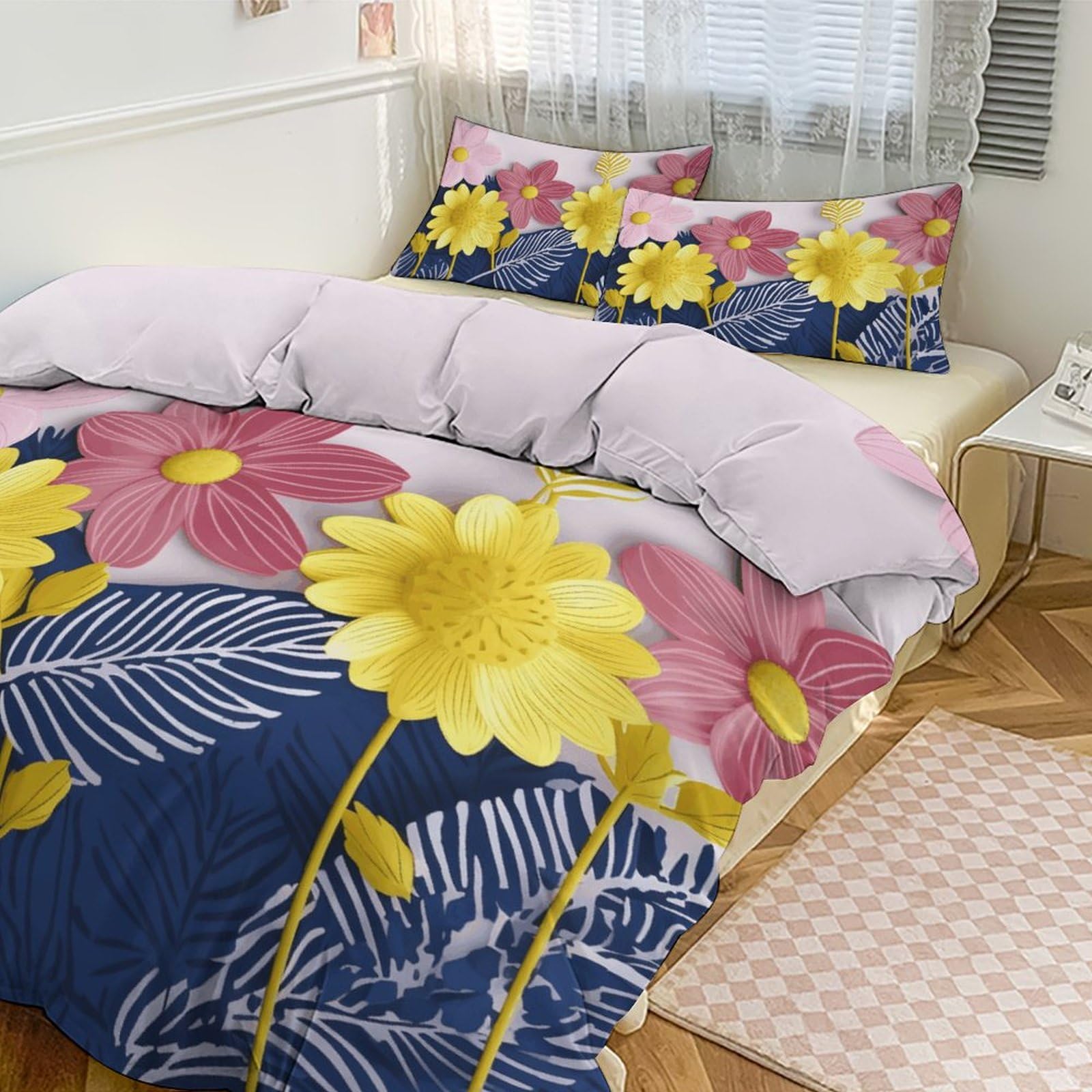 Housse de couette fleurs grand lit en tissu épais et décoratif 3 pièces
