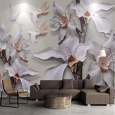 Amazon カスタムサイズの3dウォールミューラル壁紙3d立体視レリーフ壁画ホワイトマグノリアフラワーtv背景壁紙リビングルーム用 壁紙
