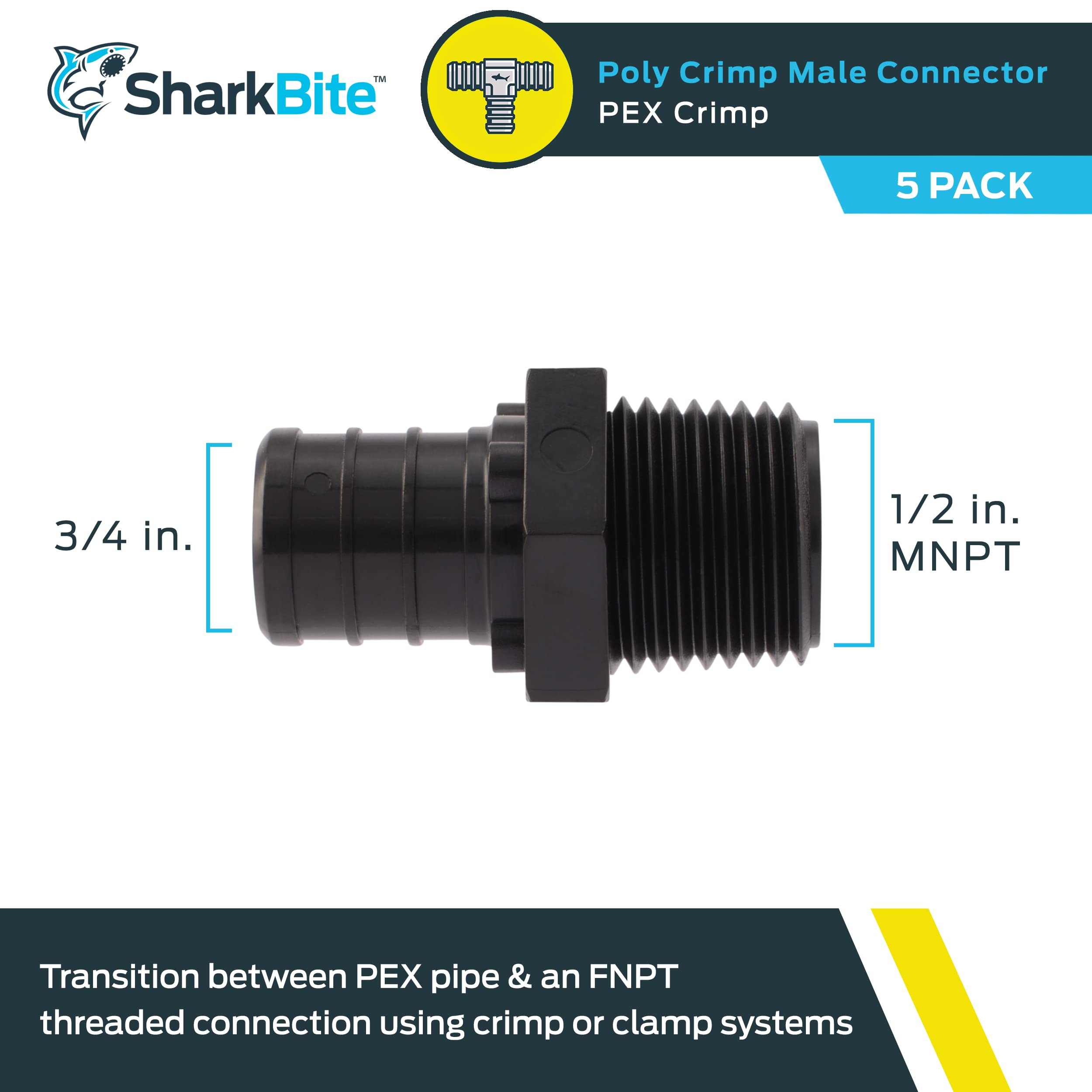 SharkBite Adaptador de crimpado de polietileno MNPT de 3/4 x 1/2 pulgadas, paquete de 5, tubo PEX, PE-RT, UP138A5