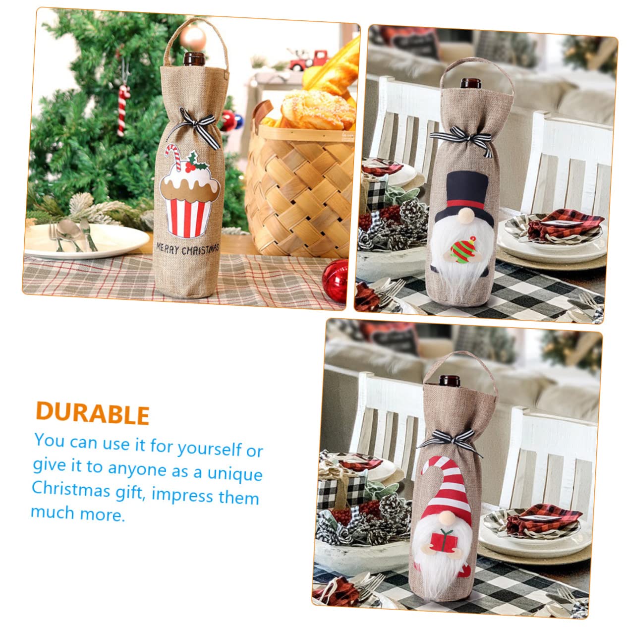 Ciieeo 5 Ensembles Housse De Bouteille De Vin en Toile De Jute De Transport De Boissons avec Fenêtre Housse De Vin du Père Noël Décoration De Porte De Noël en 3 pièces * 5