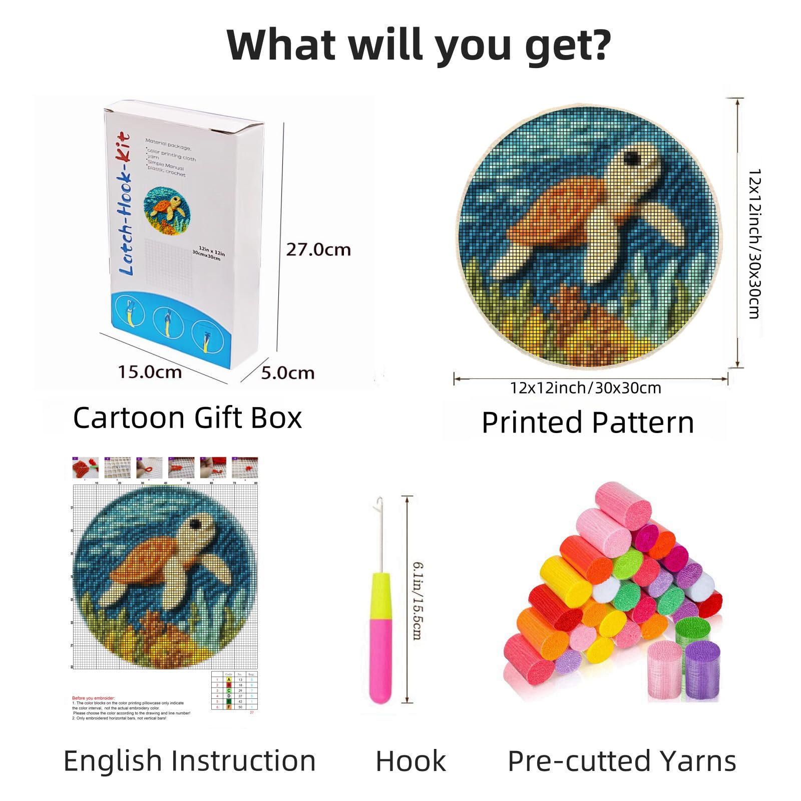 Latch Hook Mini Rug Kit Cute Baby Sea Turtle Swiming Easy for Beginners Round Shape Carpet Crochet Yarn Craft DIY Hook and Latch Little Tapestry for Home Decor 30x30cm