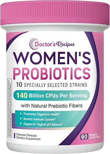 Doctor's Recipes Probióticos para mujeres, prebióticos orgánicos y probióticos para la salud digestiva, salud vaginal, 140 mil millones de UFC, 10