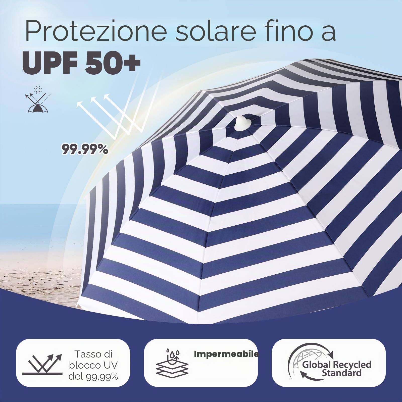 Sekey Ombrellone da spiaggia con picchetto, copertura per ombrellone e gancio, ombrellone stabile con otto balene, per balcone, giardino, terrazza, angolo di inclinazione e altezza regolabili