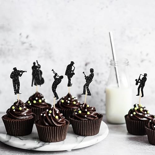 Miniatura 6 de Gyufise 24 adornos para magdalenas de músico, silueta de saxofón con purpurina, notas de música, selecciones de cupcakes, conciertos de música,