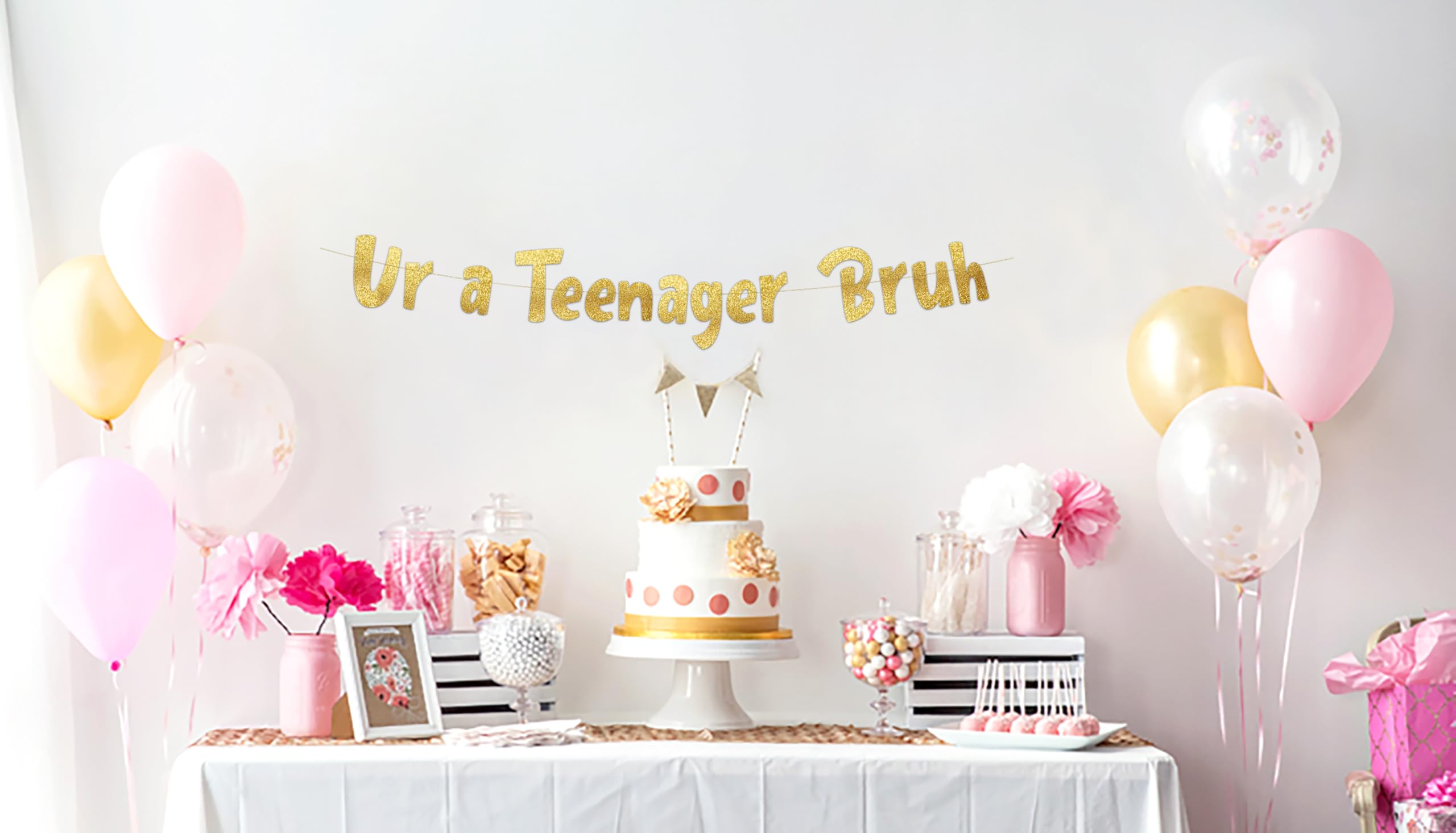 Pre-Strung Ur a Teenager Bruh Gold Glitter Banner, Funny 13th Birthday Decorations for Teen Boys and Girls - Image 2
