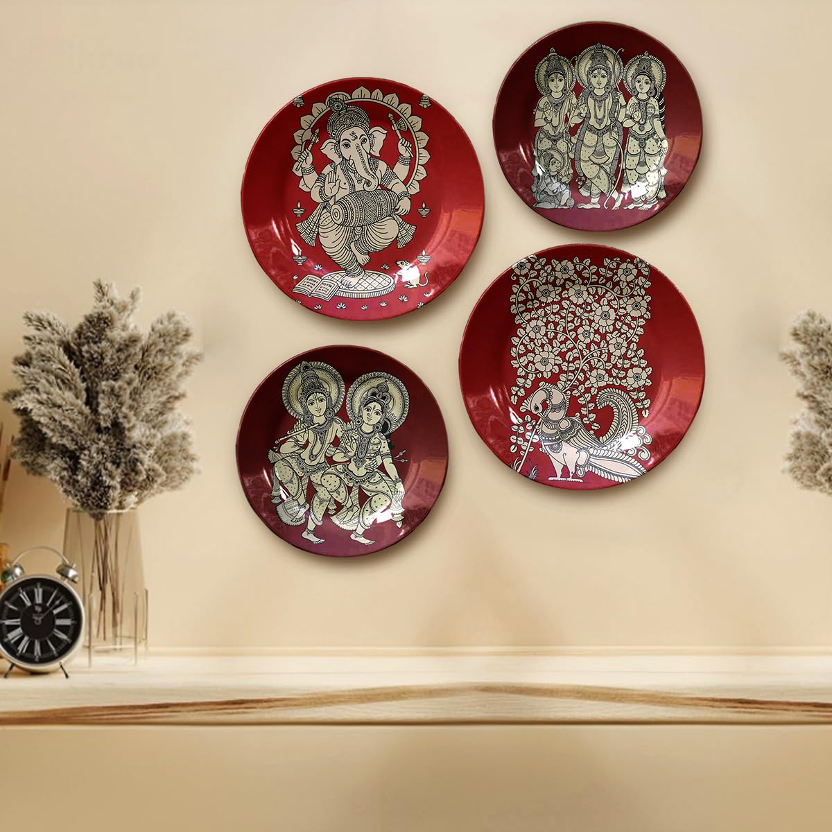 JIKRAA® Kalamkari Art Themed Ceramic Decorative Wall Plates – Set of 4 (2 x 10 Inch & 2 x 8 Inch) | Traditional Indian Handcrafted Wall Hanging & Tabletop Plates | Ethnic Home Decor & Gifting