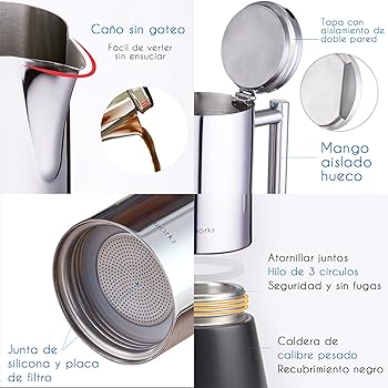 Diego Cafetera Italiana de Acero Inoxidable para Cocina de inducción,520 ml, 10-12 Tazas,Negro4
