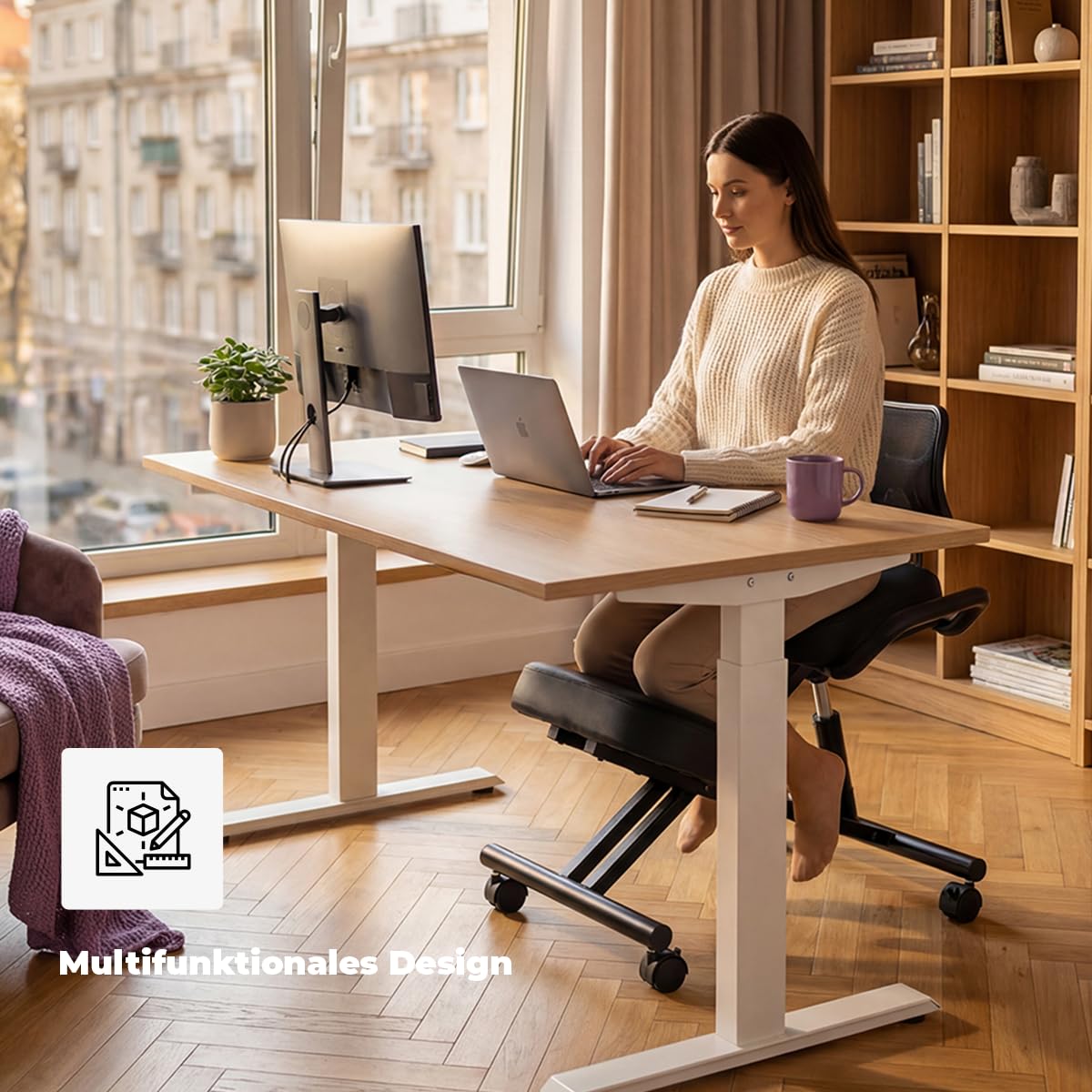 Spacetronik Kniestuhl Ergonomisch mit Rückenlehne, Kniehocker Höhenverstellbar 45–65 cm, Bürostuhl zur Korrektur der Sitzhaltung, Rollhocker für Büro & Home Office, Stahlrahmen bis 125 kg