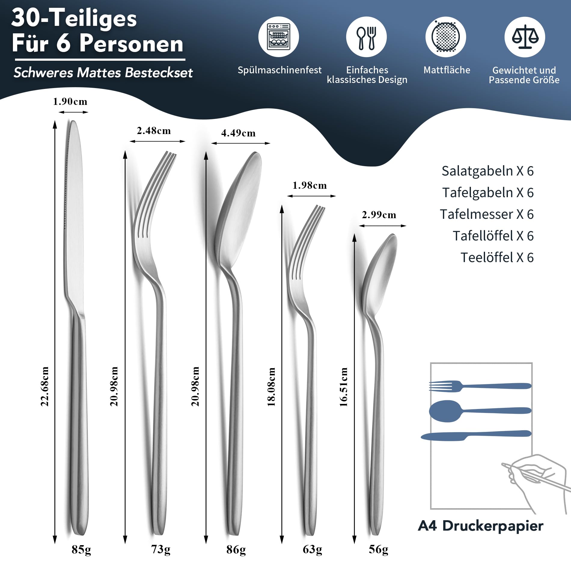 30-teiliges Schweres Besteck Set 6 Personen, EIUBUIE Elegantes Besteck Matt | Runder Griff, Hochwertiges Edelstahl Besteckset, Spülmaschinenfest, Essbesteck Set, matt gebürstet, Messer Gabel Löffel