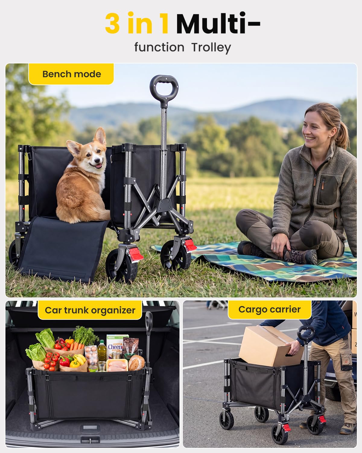 YEAUPE PRO Carrello pieghevole con freno di stazionamento, 70 l, 50 kg, carrello pieghevole in 4 direzioni, manico regolabile in altezza e apertura laterale per giardino, campeggio, spiaggia e