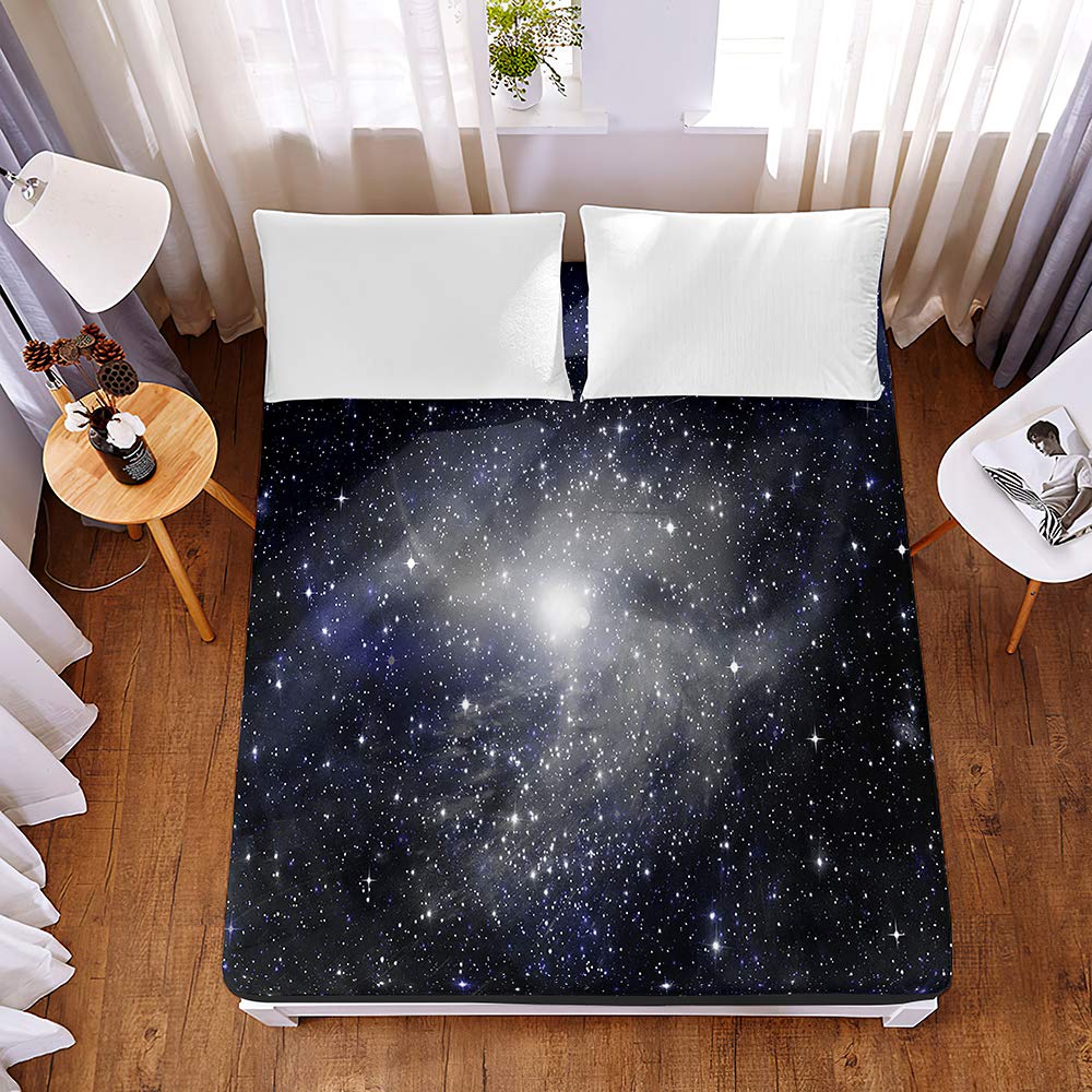 Chickwin 3D Fitted Sheets Premium Microfibre Bedding Sheets with Deep Pocket 30cm for Double King Single Size Bed - Shrinkage Fade Resistant Easy Care - Starry Sky Printed (Black,200x200x30cm)