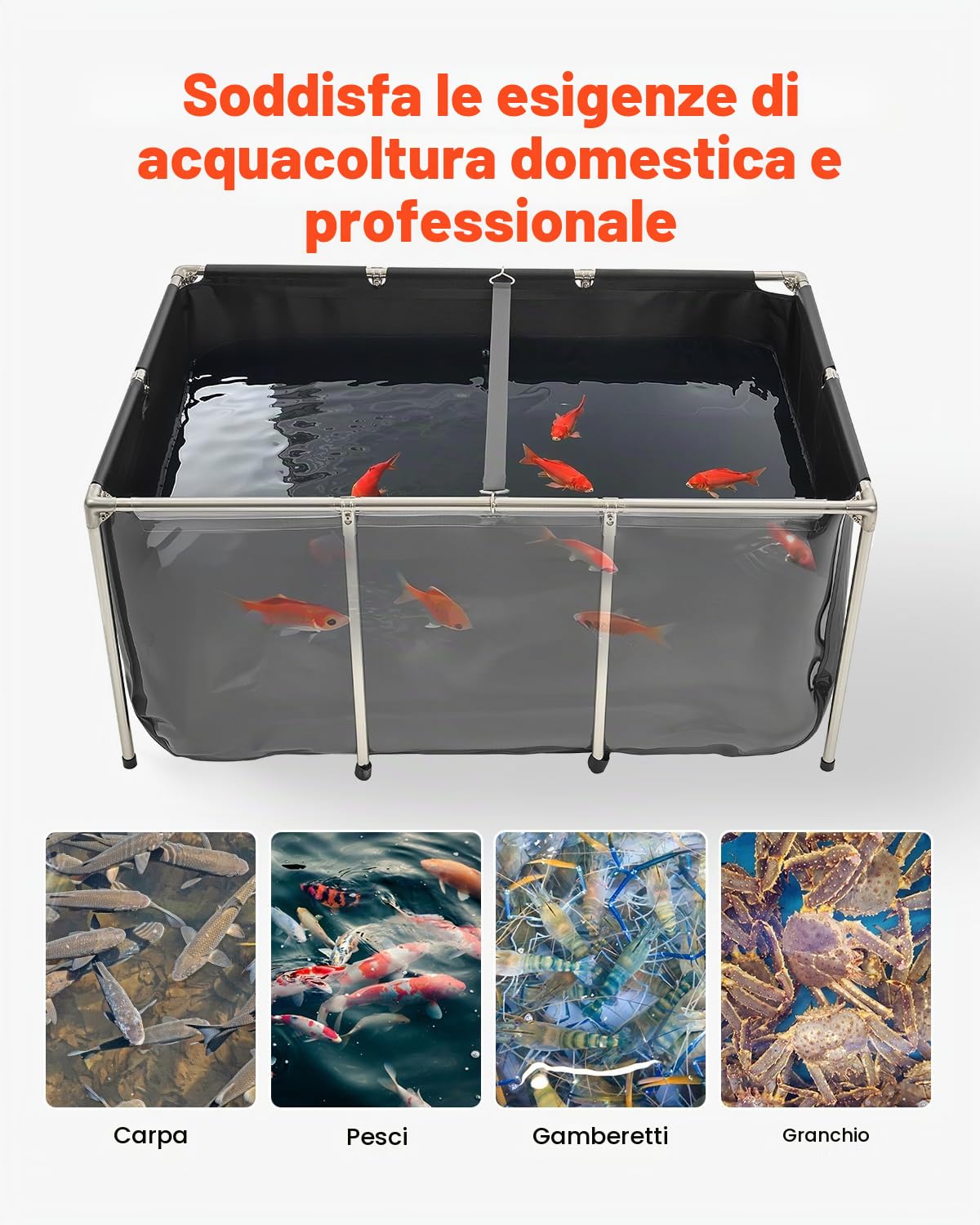VEVOR Tela Peschiera Fuori Terra, con Pannello di Visualizzazione Trasparente, Rettangolare Pesci Rossi con Telaio in Acciaio Inox, Valvola di Scarico, per Allevamento Carpa, Nero 1023,3 L