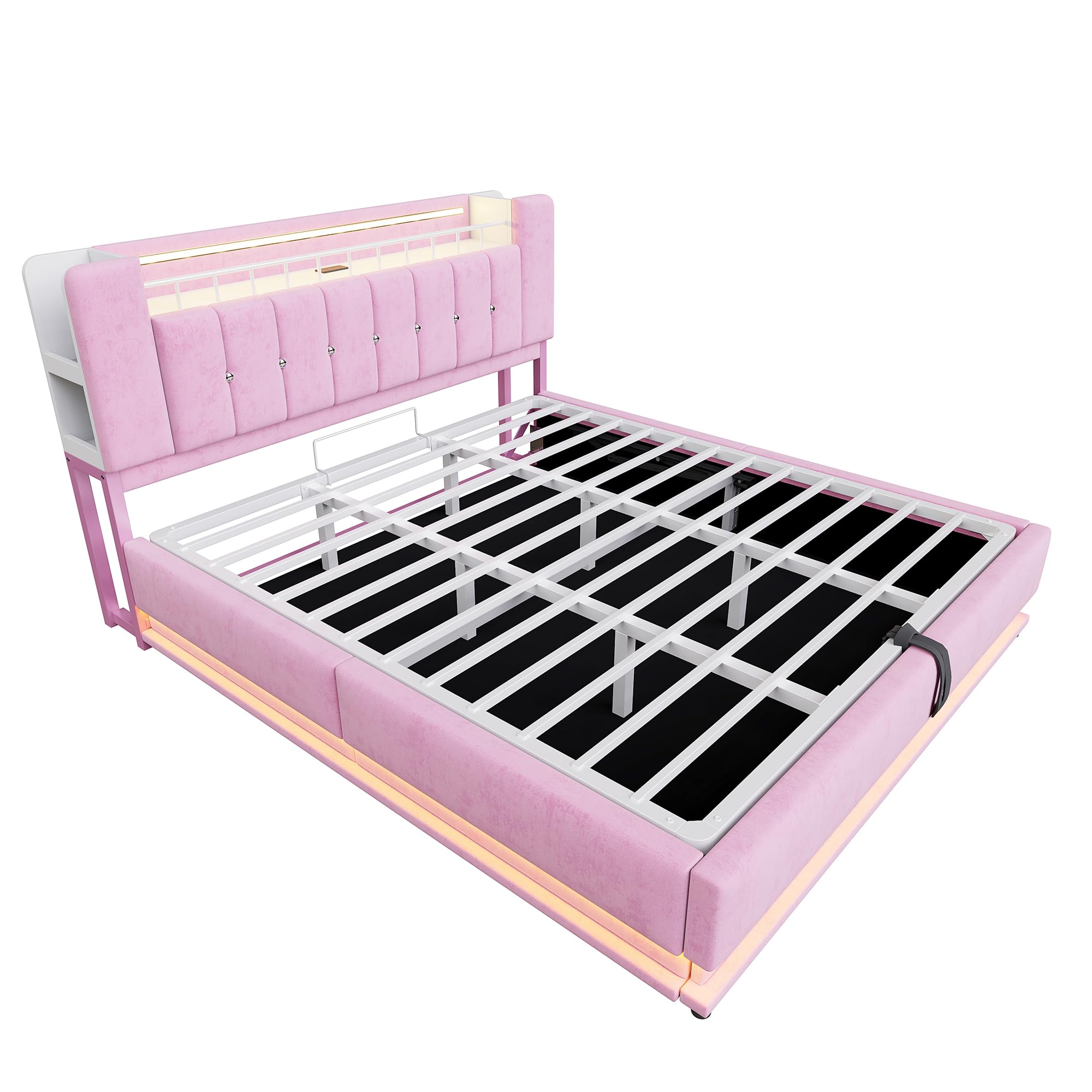 Kebnor Elegante letto imbottito con illuminazione a LED, vano portaoggetti USB e idraulico, rivestimento in velluto morbido e struttura in metallo (rosa, 180 x 200 cm)