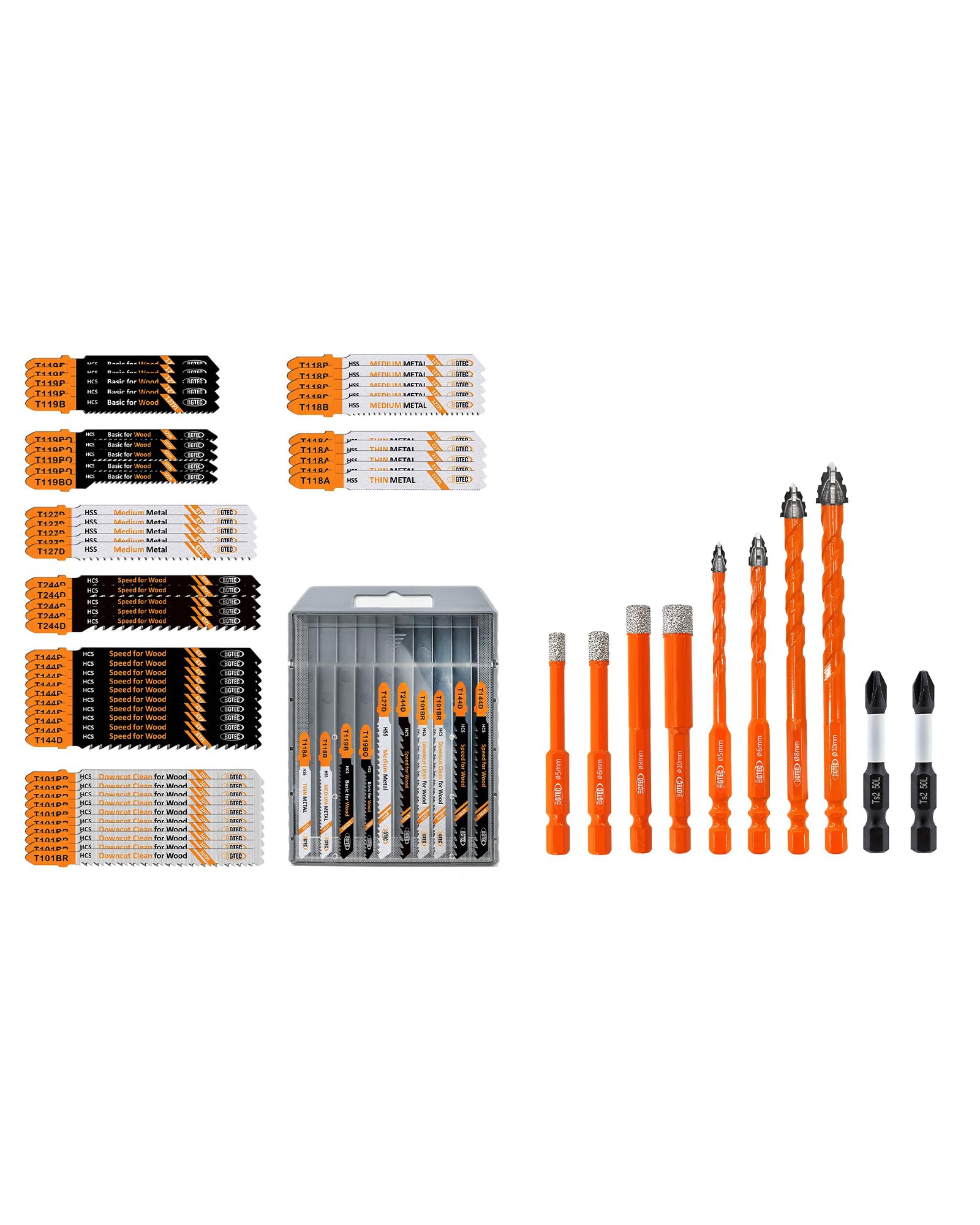 Lot de 50 Lames de Scie Sabre BGTEC (T119B*5-T119BO*5-T101BR*10-T144D*10-T244D*5) et BGTEC Set de Foret Sec 10 Pièces 5/6/8/10MM