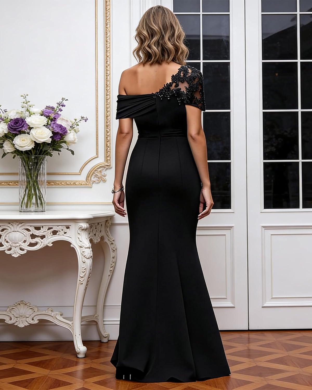 One Shoulder Mother of The Bride Dresses for Wedding - Lace Applique Chiffon Mermaid Wedding Guest Dress