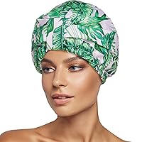 Vista 9 de INNELO Gorro de ducha de lujo para mujer, reutilizable, impermeable, doble capa con correa elástica ajustable, gorro de baño grande con forro de Azul