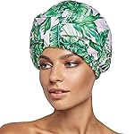 INNELO Luxury Shower Cap for Women Reusable Waterproof, Double Layered Shower Hair Cap with Adjustable Elastic Strap, Large Satin Lined Shower Bath Cap for Long Curly Straight Hair, Palm leaves