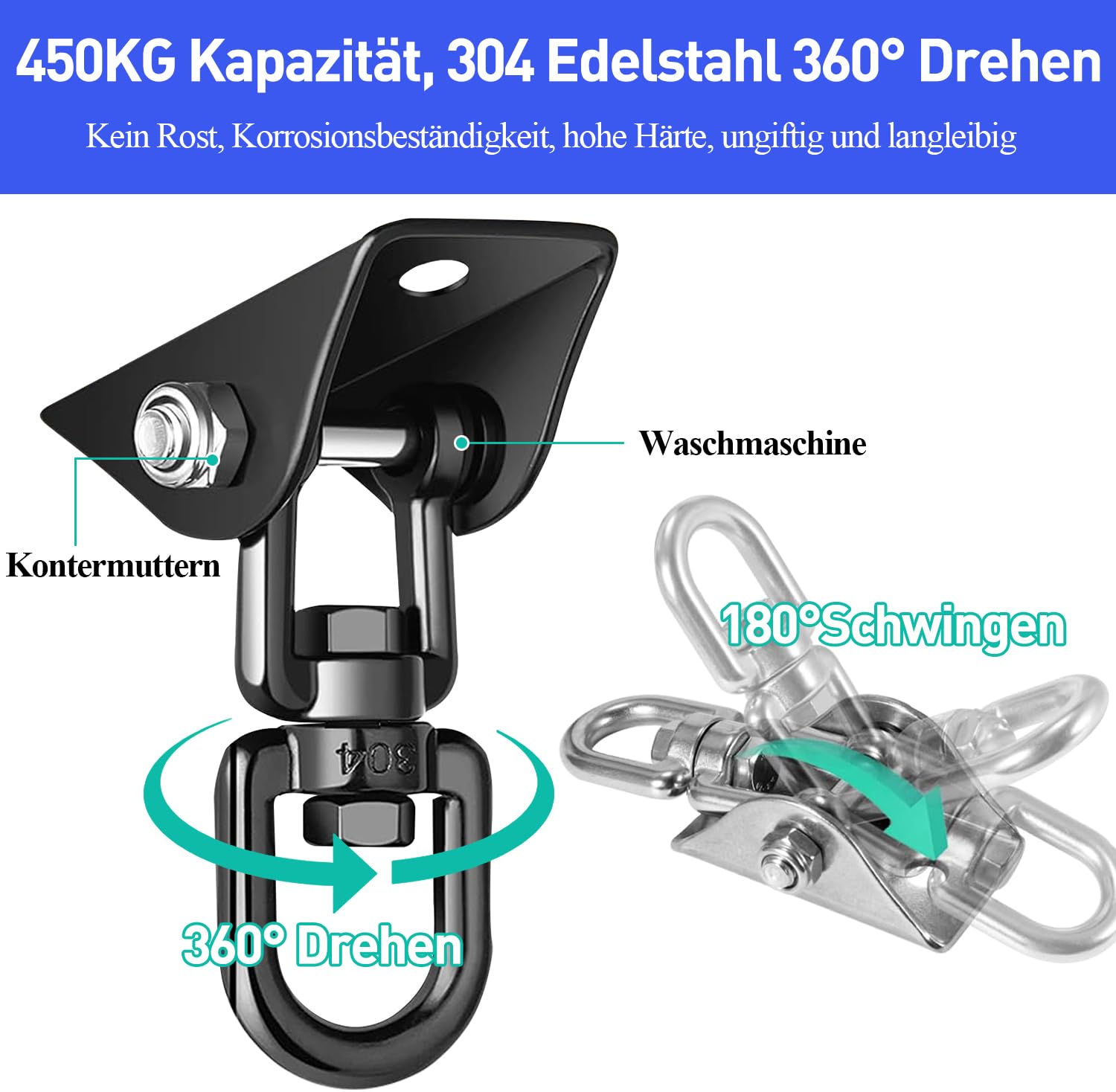 2 Ganci Da Soffitto In Acciaio Inox 304 Per Carichi Pesanti (fino A 450 Kg) - Girevoli 360°, Per Amache, Sacchi Da Boxe, Altalene