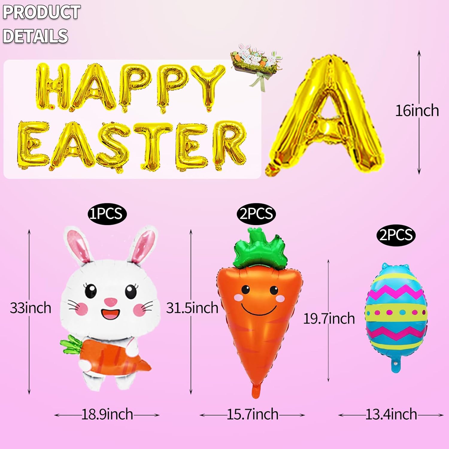 16 Pieces Large Easter Foil Balloons Decorations Set, Includes Bunny, Carrots, Colorful Eggs, and 'HAPPY EASTER' Letter Designs Mylar Balloons for Spring Party Supplies and Holiday Celebrations