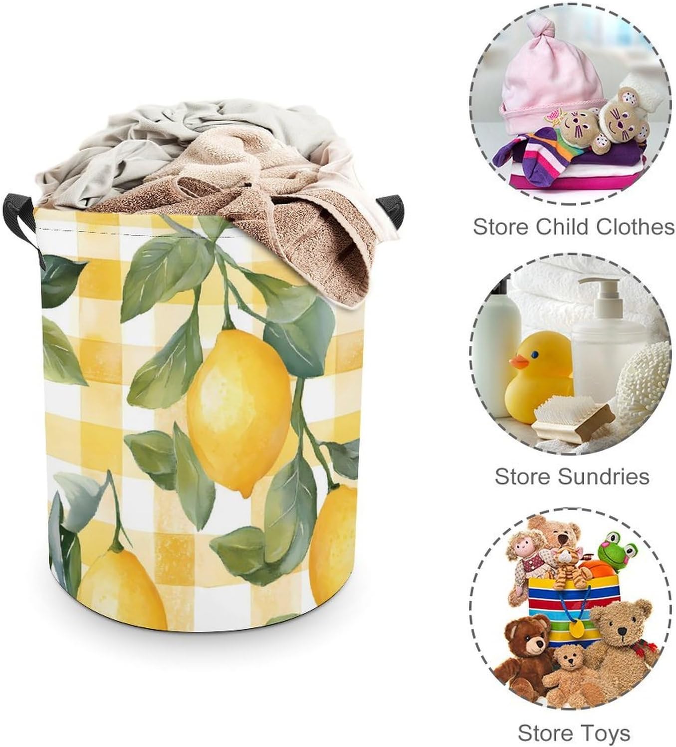Yellow Lemon Check Stripes Laundry Hamper Basket for Home Bathroom | clothes storage,handle,large capacity,oxford