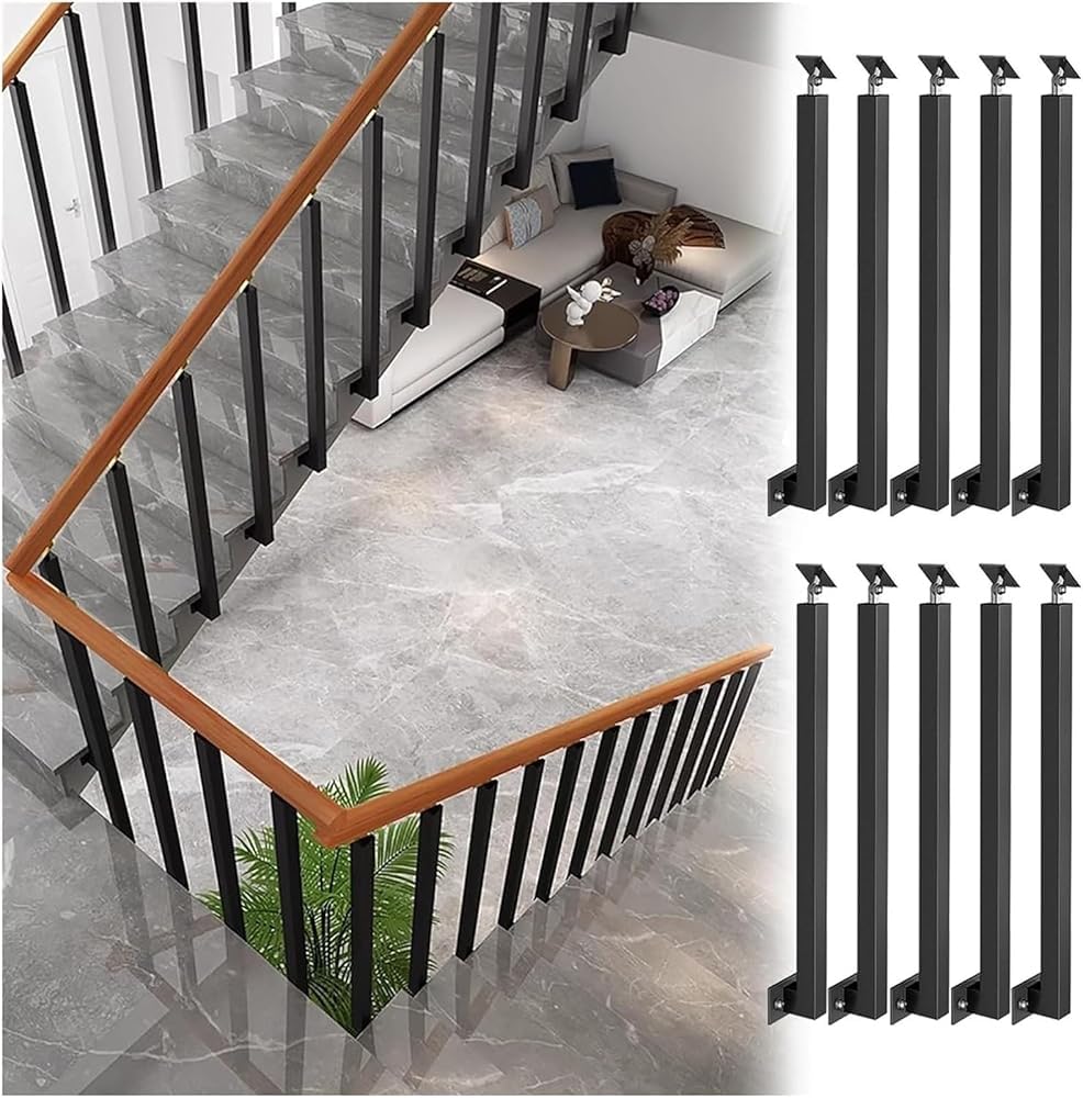 Lqsybhd 10 Pack Side Mounted Railing Spindles - Stair Balusters Post, Black Metal Handrail Spindles With Flat & Adjustable 270° Angle Bracket, Banister Column For Deck, Steps(Size:95cm/37.4Inch,Color:10 Pack)