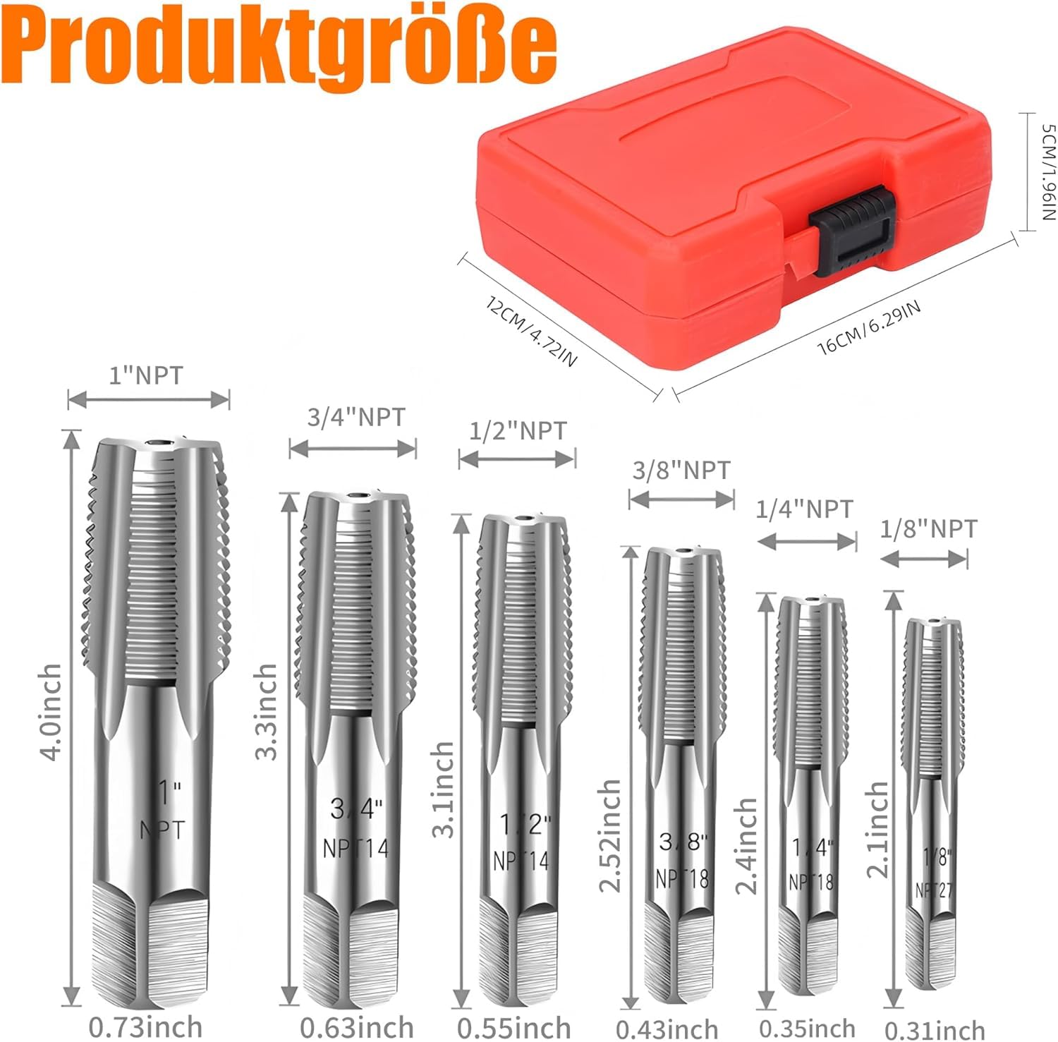 Lot de 6 tarauds NPT : kit de taraudage compact pour bricoleurs et professionnels pour couper les filetages endommagés dans les tuyaux en acier et en plastique
