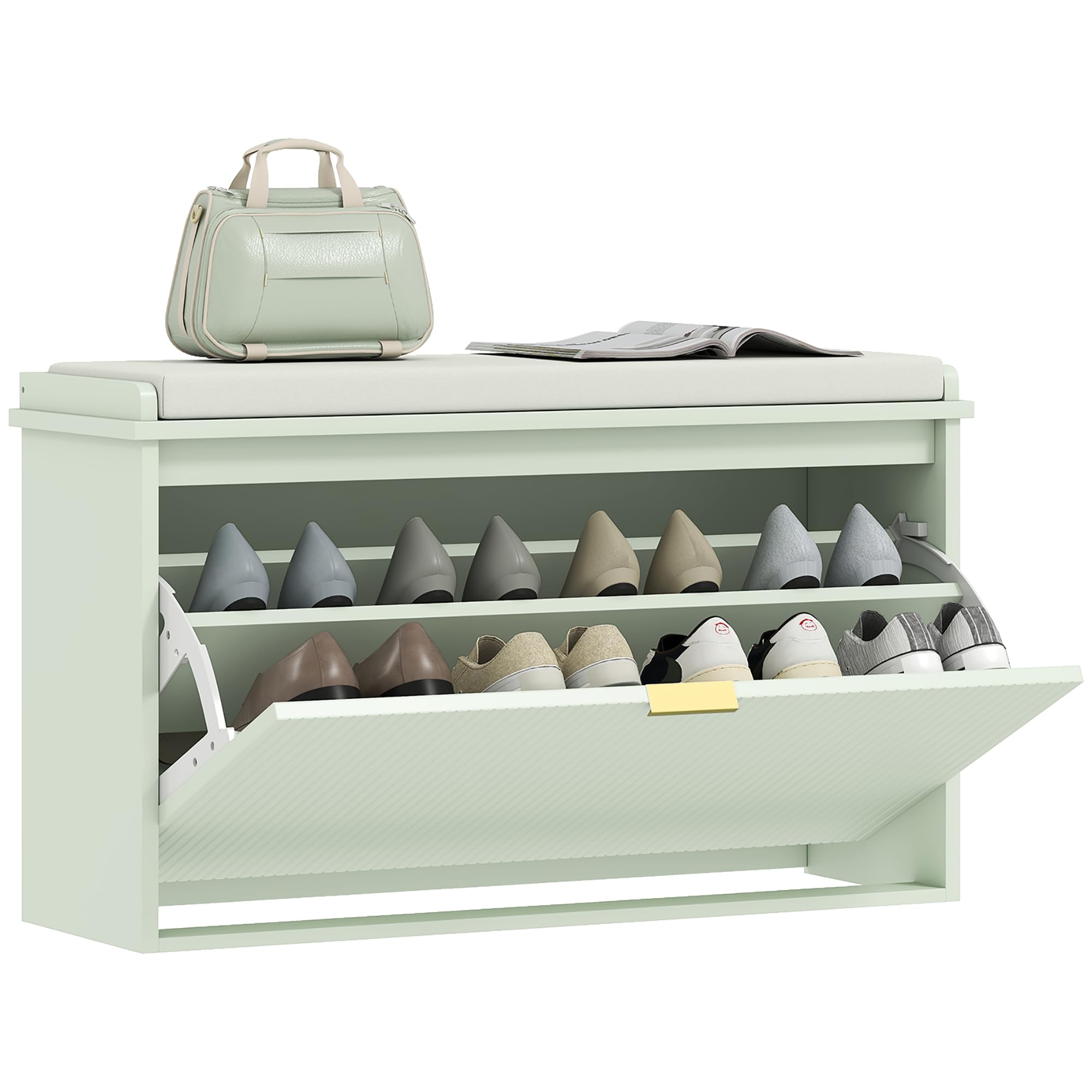 HOMCOM Banco Zapatero Estrecho con Asiento 80x26x47,5cm Verde Claro | Banco Recibidor, Asiento Acolchado, Cajón Abatible, Estante Ajustable, para 8 Pares de Zapatos, para Entrada, Dormitorio