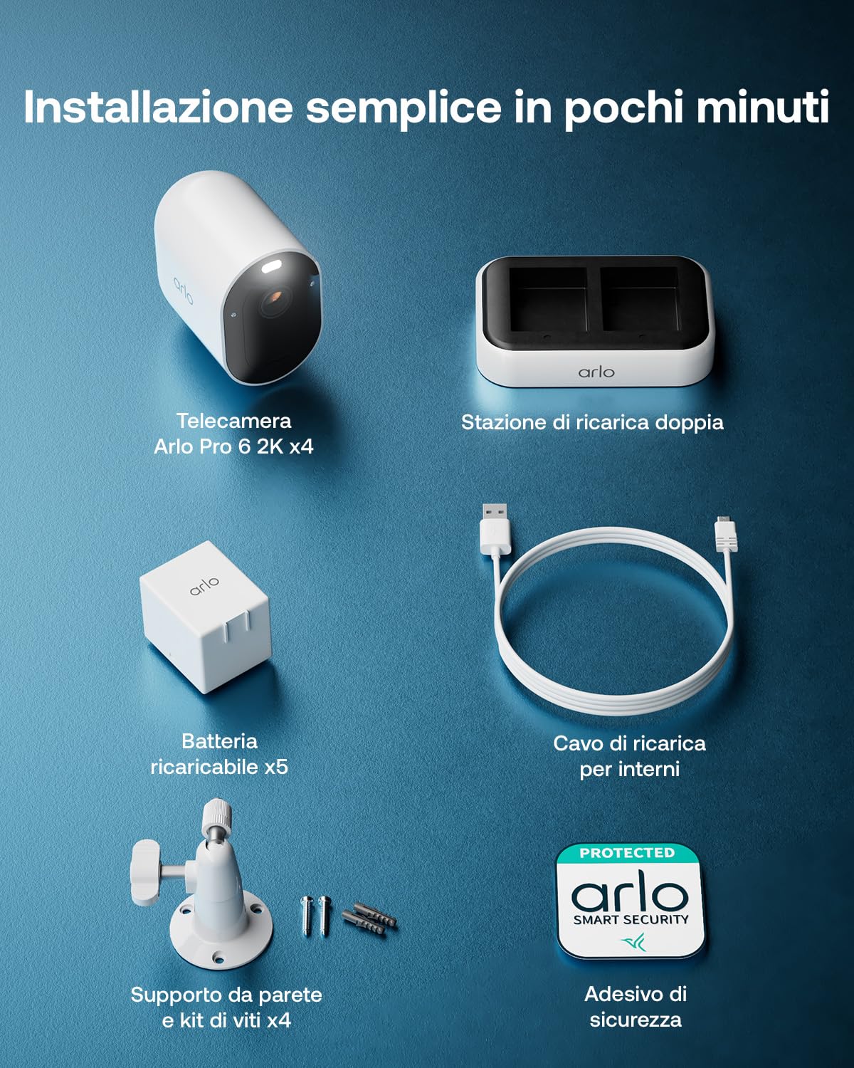 Arlo Pro 6 Telecamera WiFi Esterno Senza Fili, 2K+ HDR, rilevamento AI, visione notturna a colori, compatibile con Alexa, Prova Inclusa Secure, 4 telecamere + 1 batteria aggiuntiva e caricatore doppio