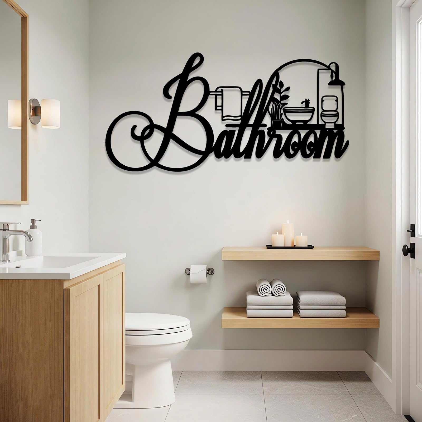 Letrero de pared de metal con humor sobre el baño, letrero moderno para baño, placa decorativa negra de 15 x 30 pulgadas para la decoración del baño y el hogar. (48L"x23W")