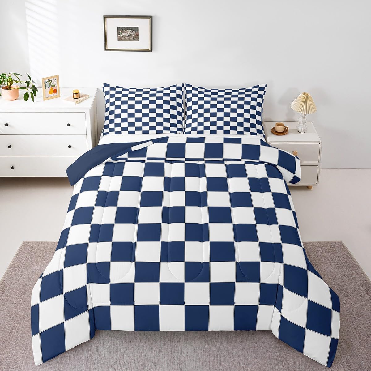 Erosebridal White Blue Plaid Comforter Set King Navy Blue Checkerboard Bedding Set for Kids Boys Teen,Checkered Grid Quilt Set Modern Aesthetic Geometric Bed Set Room Decor