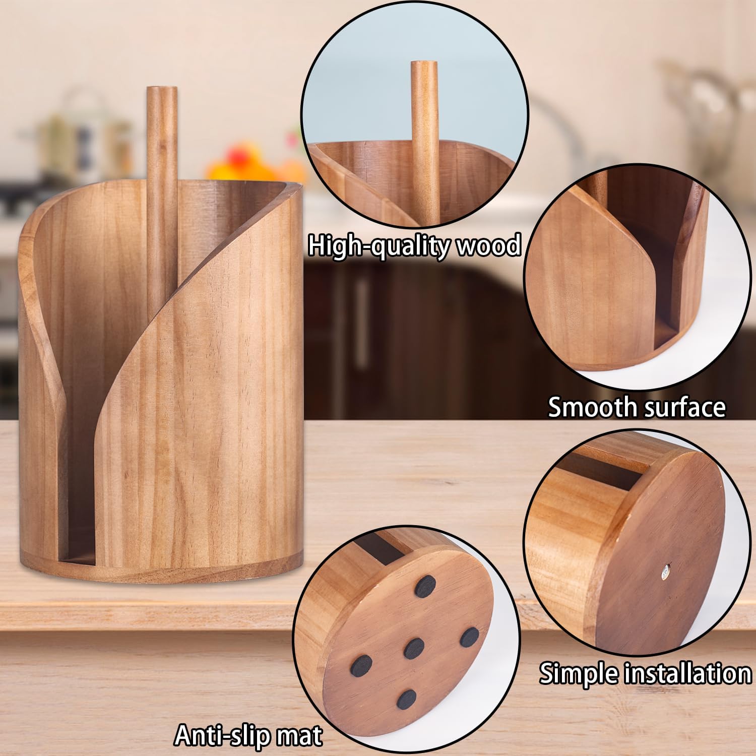 Pine Wood Paper Towel Holder for Kitchen Countertop – Heavy Duty Wooden Towel Dispenser with Stable Base & 5 Anti-Skid Rubber Pads – Fits Standard Paper Towel Rolls – Rustic Farmhouse Kitchen Décor