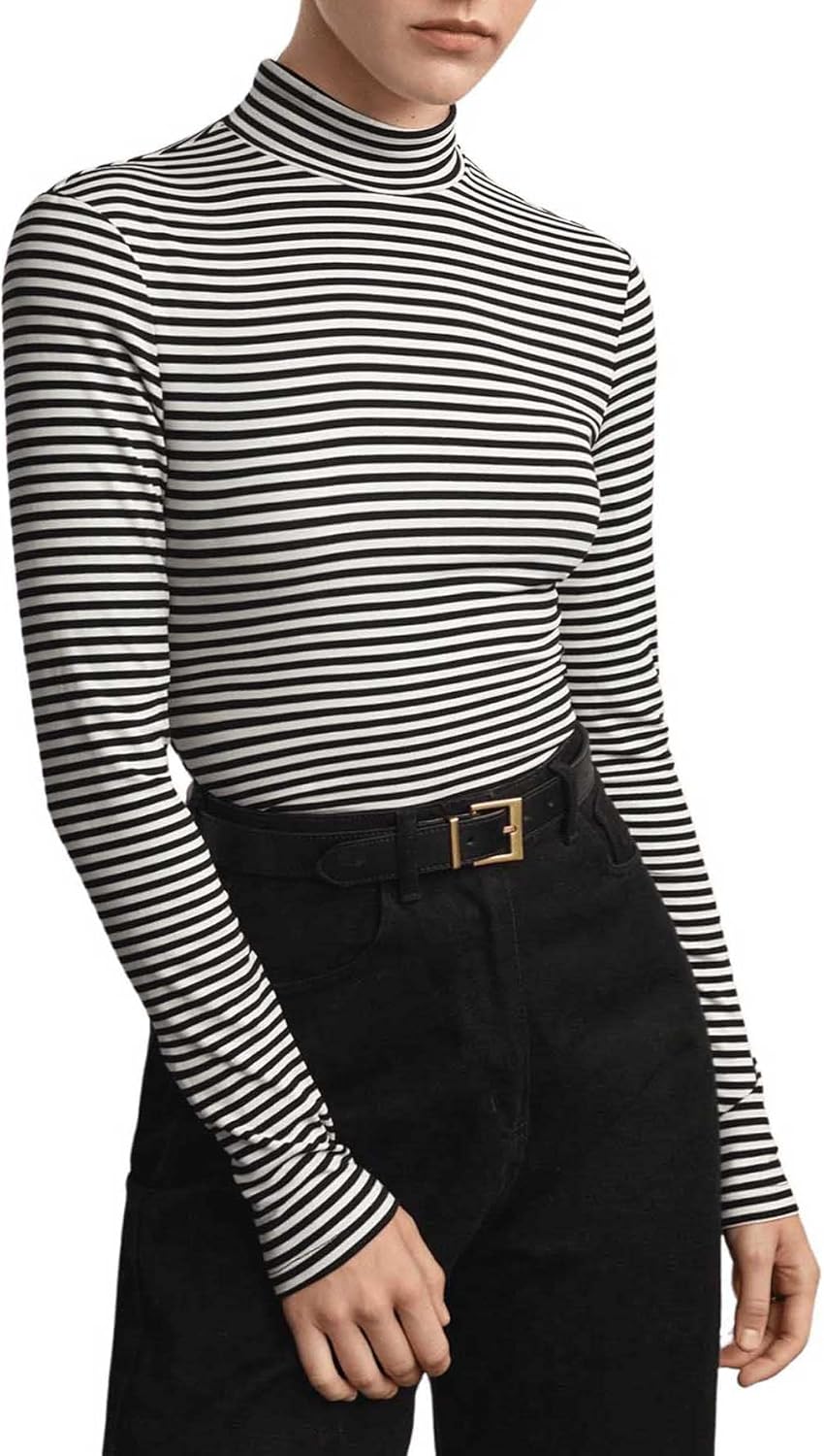 SHENHE Women's Mock Turtleneck Long Sleeve T Shirts Striped Slim Fitted Tee Going Out Tops