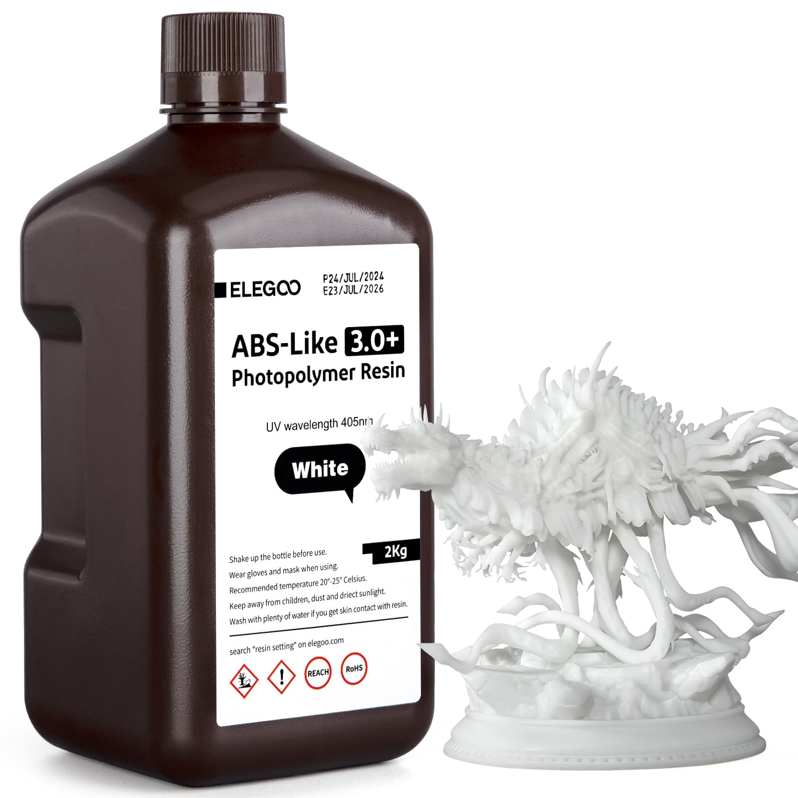 ELEGOO ABS-Like Resin 3.0 Plus, Ulepszona Żywica Fotopolimerowa do Drukarek 3D, Wyższa Odporność Na Ciepło, Szybkie Utwardzanie, Wysoka Precyzja, Niełamliwość, 2000g Biały