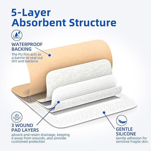 Miniatura 3 de 10 vendajes de espuma de silicona de 6 x 6 pulgadas, vendajes grandes para heridas, vendajes de silicona impermeables para úlceras de decúbito,