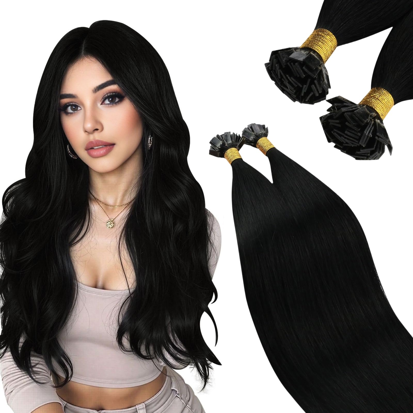 Ugeat Echthaar Extensions Bondings Schwarz Remy Bonding Extensions Echthaar Schwarz Haarverlängerung Flat Tip Bondings Black Haar Glatt Seidig 55 cm 50g 50 Strähnen